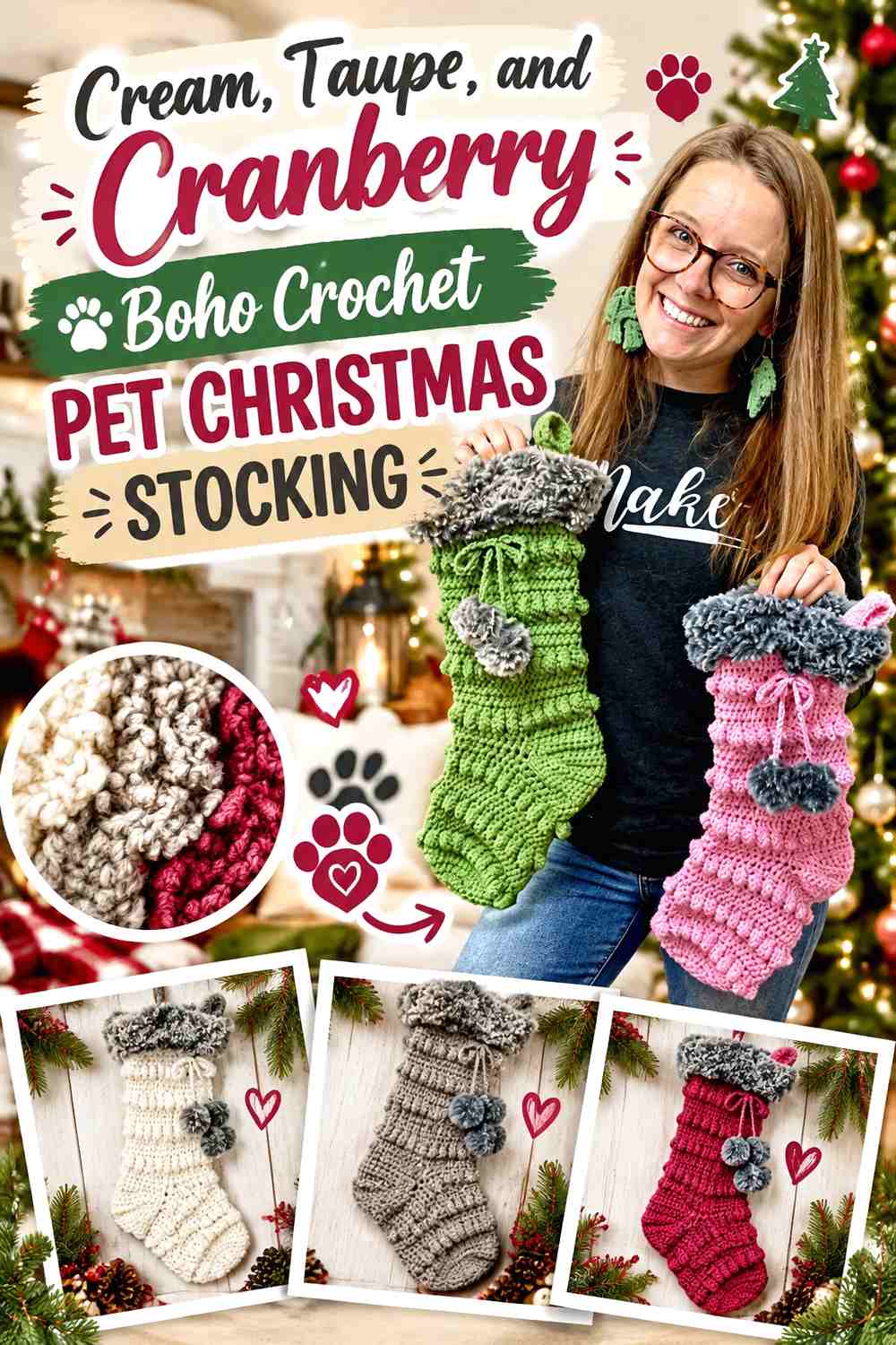 Cream, Taupe, and Cranberry Boho Crochet Pet Christmas Stocking
