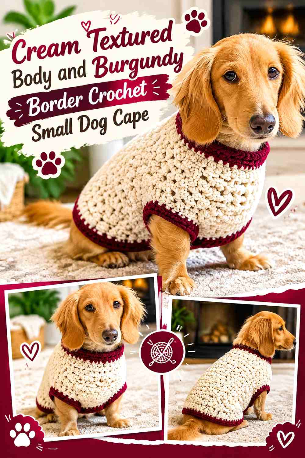 Cream Textured Body and Burgundy Border Crochet Small Dog Cape