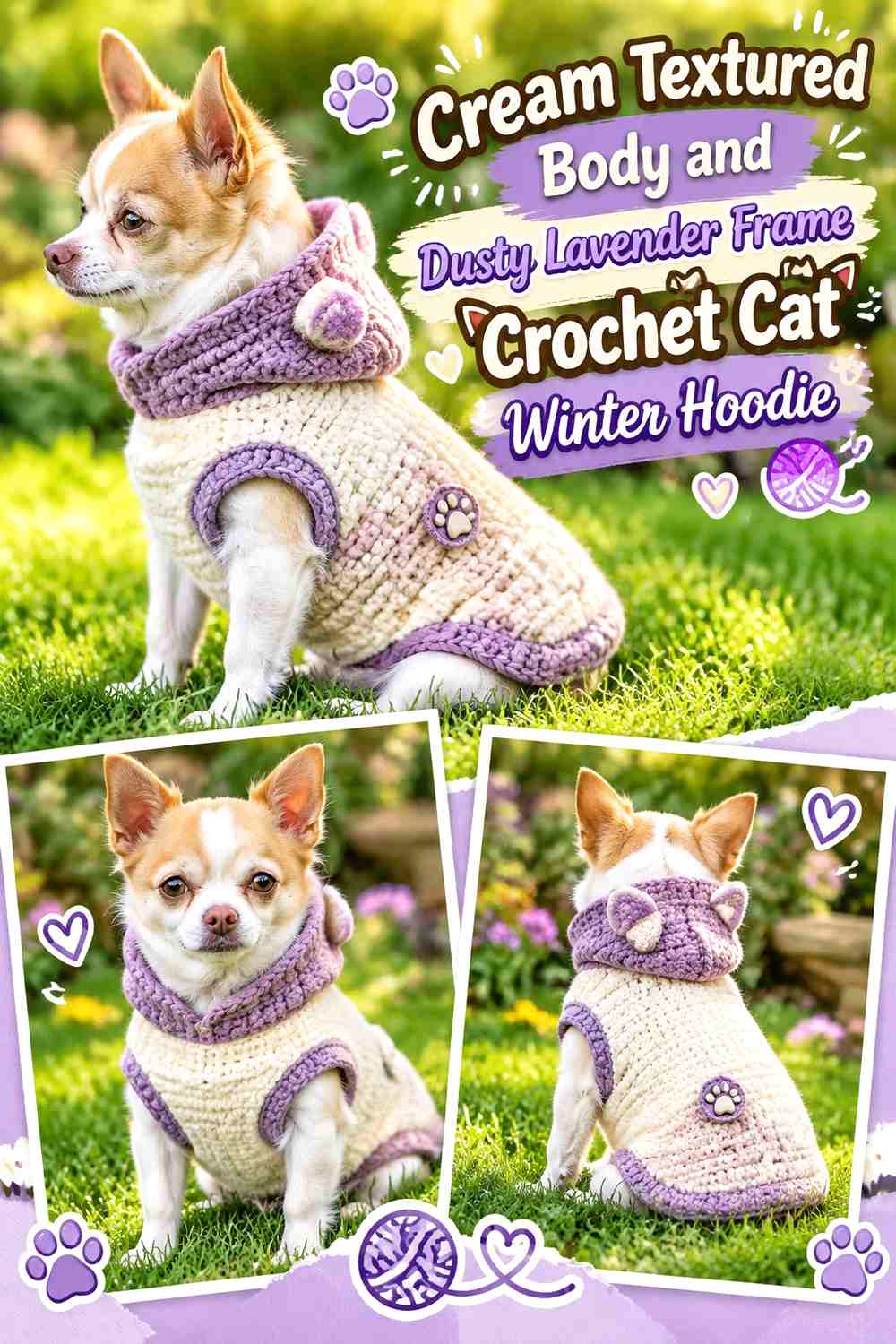 Cream Textured Body and Dusty Lavender Frame Crochet Cat Winter Hoodie