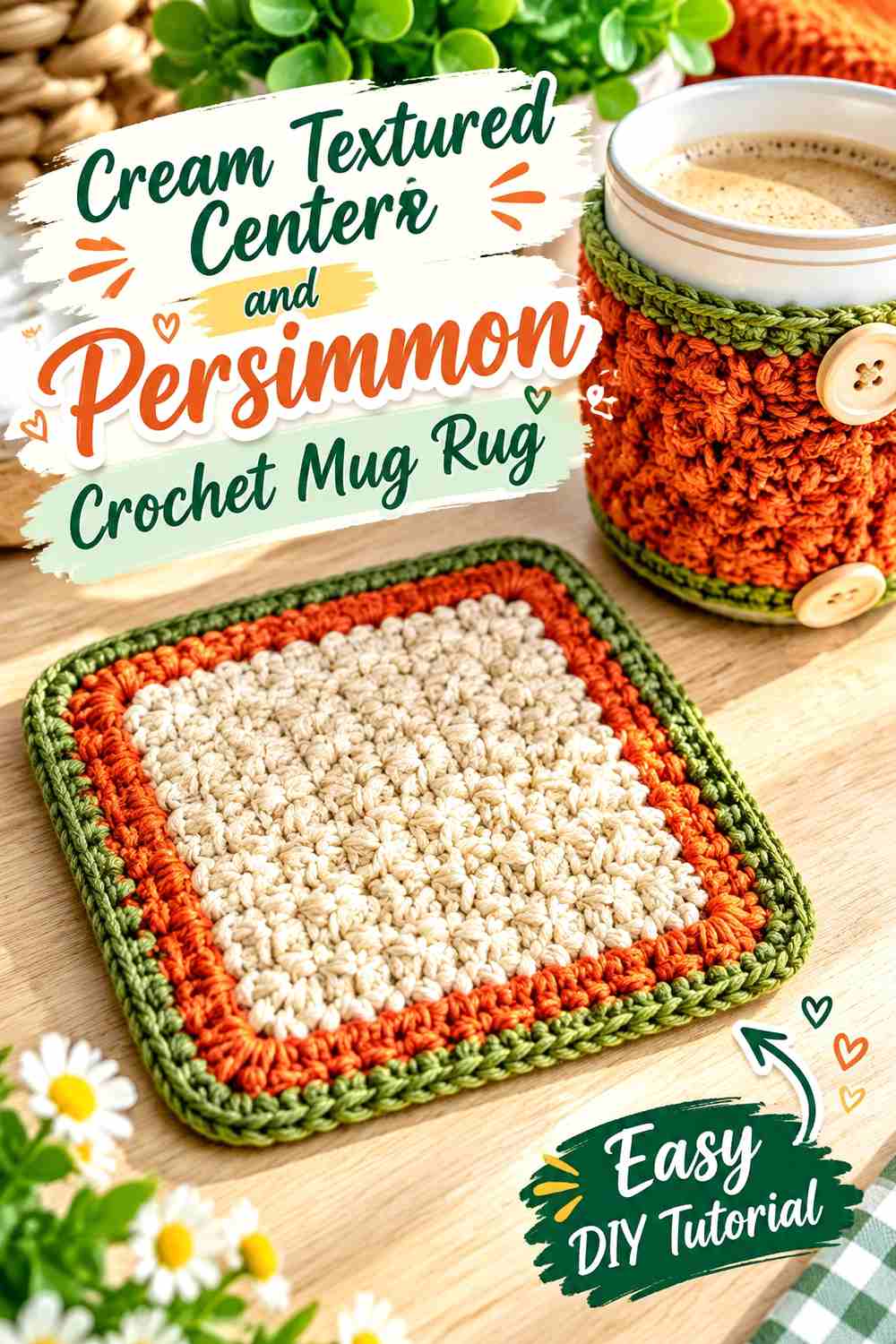 14. Cream Textured Center And Persimmon Crochet Mug Rug