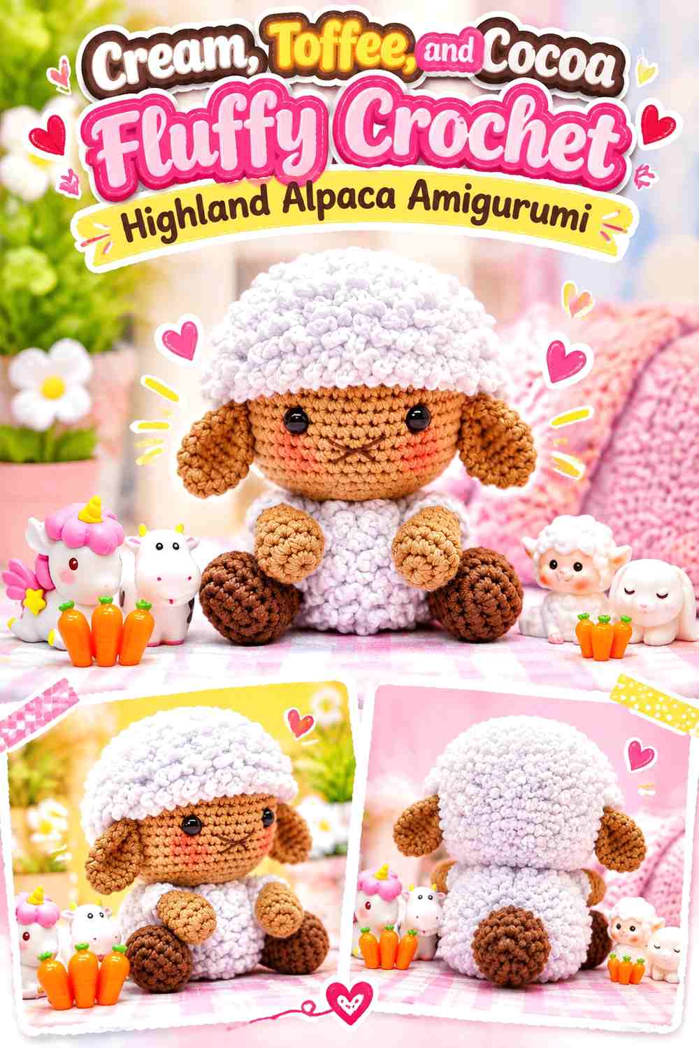 Cream, Toffee, and Cocoa Fluffy Crochet Highland Alpaca Amigurumi