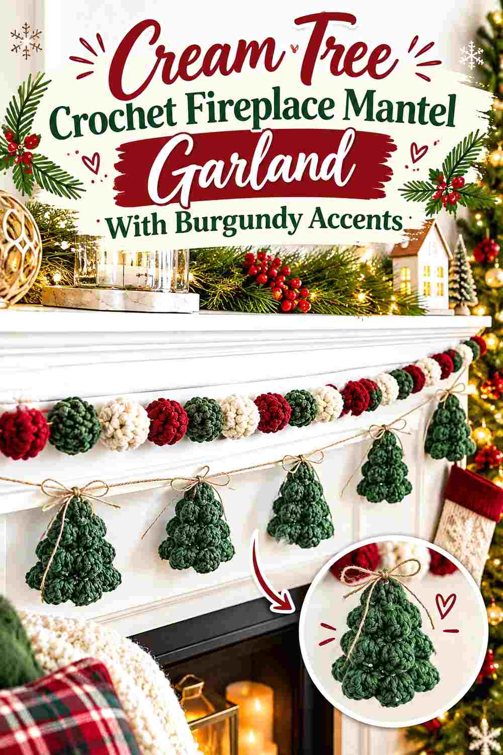 4. Cream Tree Crochet Fireplace Mantel Garland With Burgundy Accents