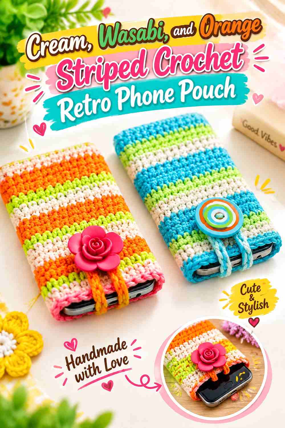 10. Cream Wasabi And Orange Striped Crochet Retro Phone Pouch
