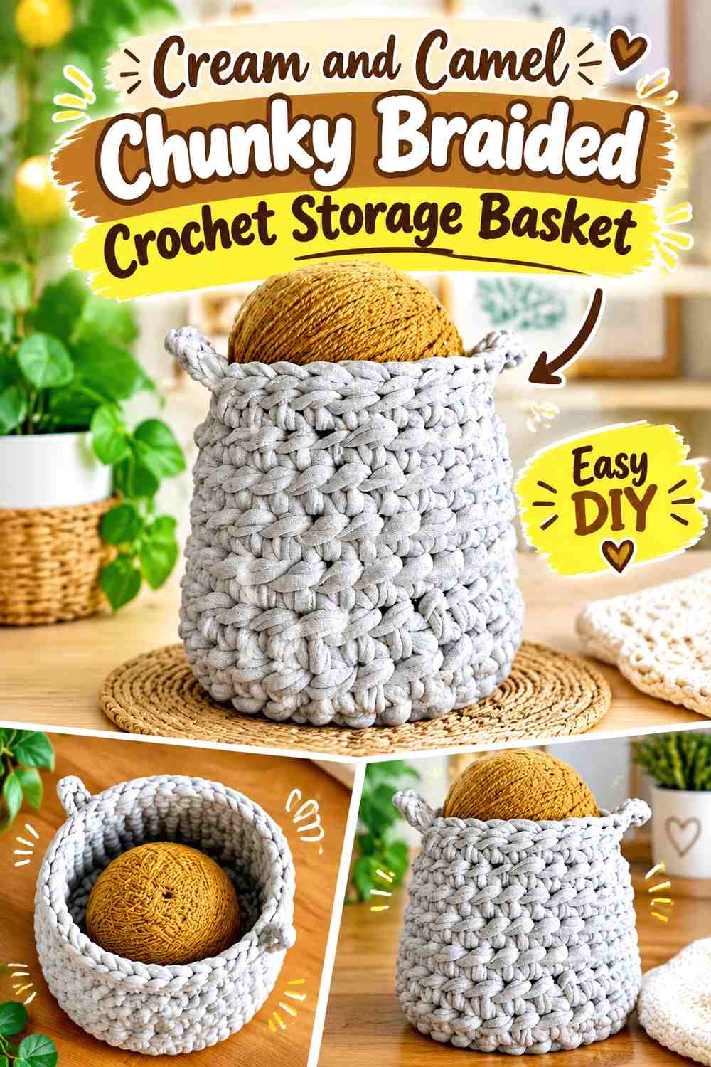 Cream and Camel Chunky Braided Crochet Storage Basket
