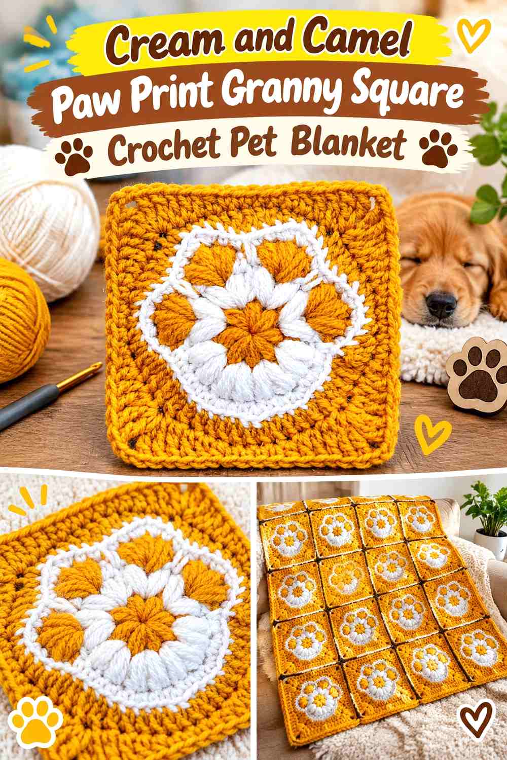 Cream and Camel Paw Print Granny Square Crochet Pet Blanket