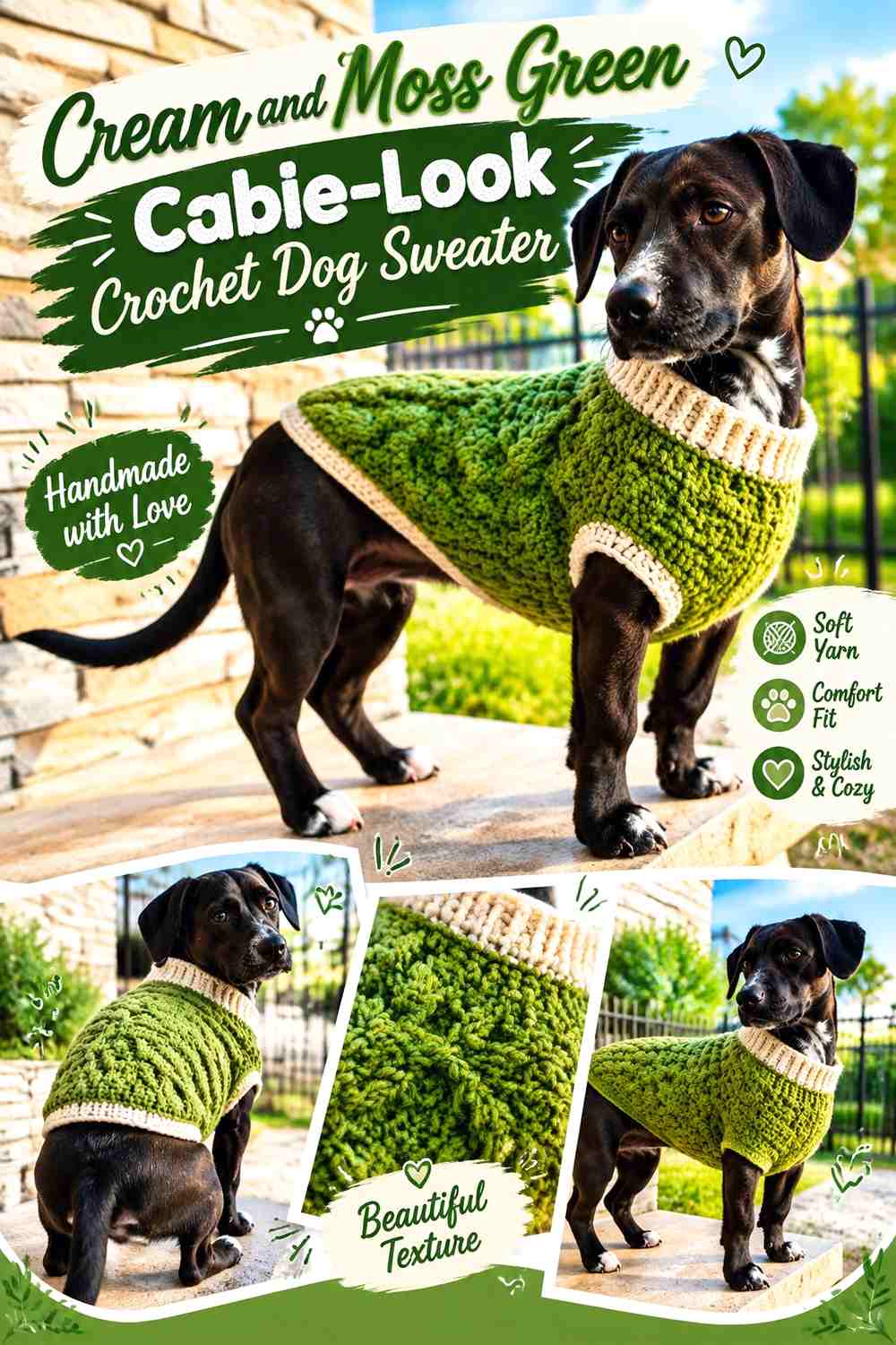 Cream and Moss Green Cable-Look Crochet Dog Sweater