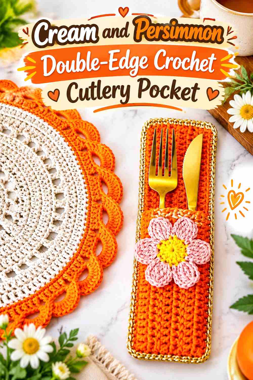 13. Cream And Persimmon Double Edge Crochet Cutlery Pocket