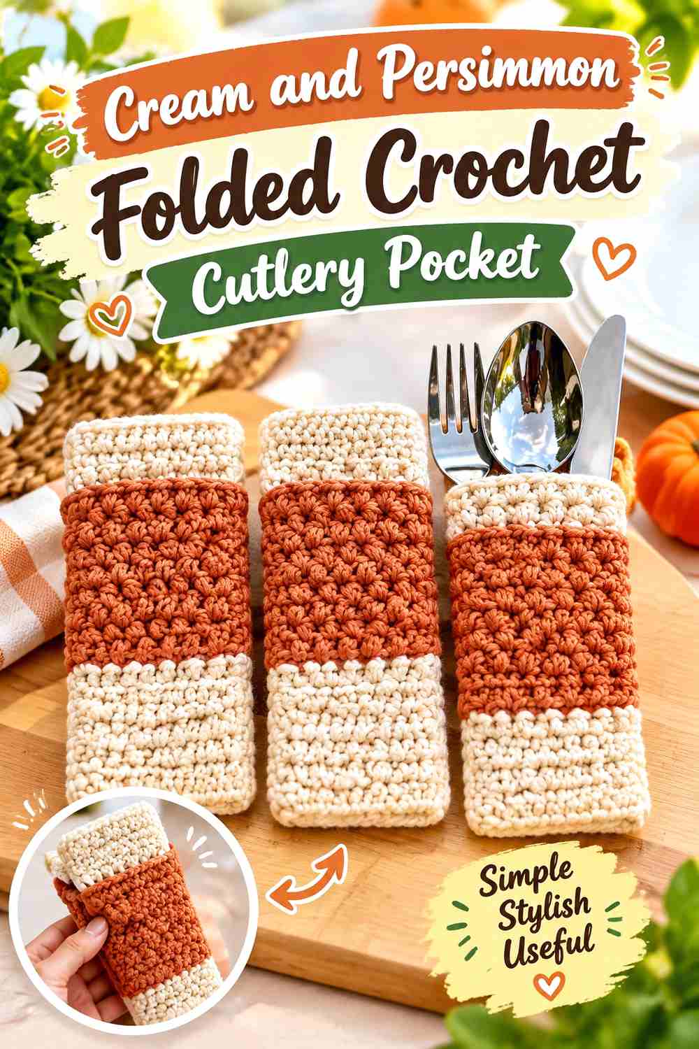 2. Cream And Persimmon Folded Crochet Cutlery Pocket