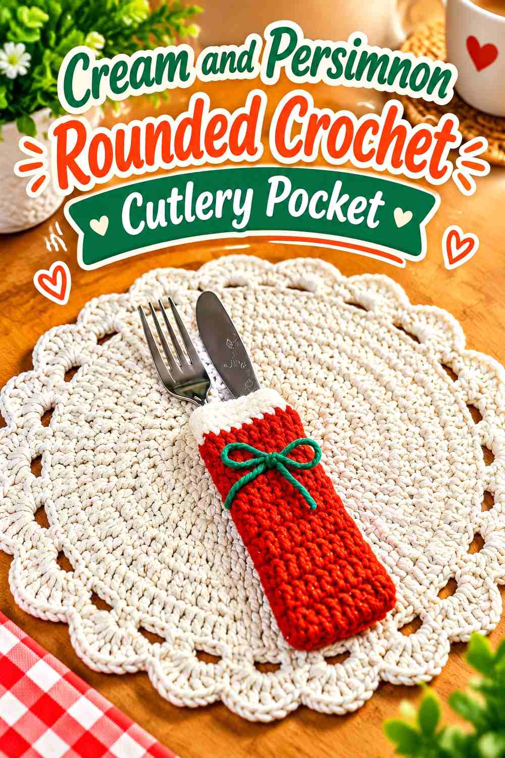10. Cream And Persimmon Rounded Crochet Cutlery Pocket
