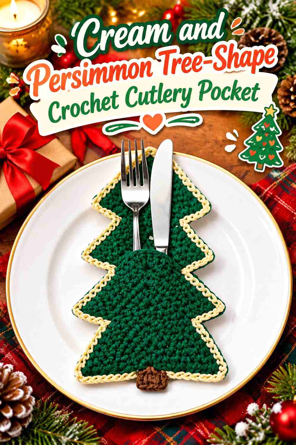 6. Cream And Persimmon Tree Shape Crochet Cutlery Pocket