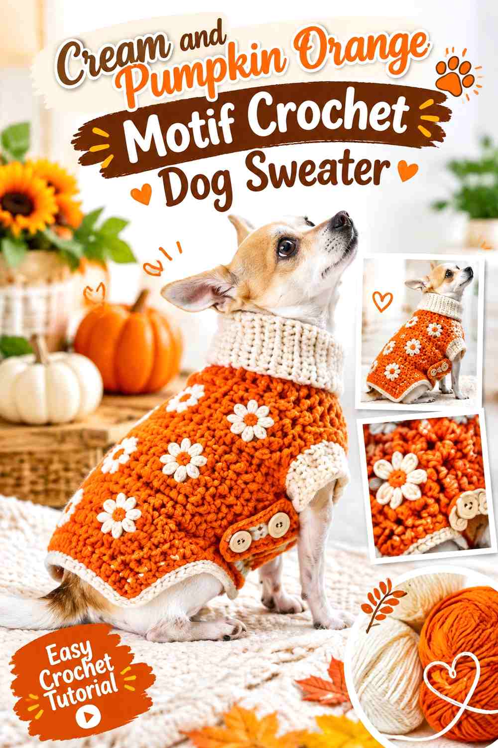 Cream and Pumpkin Orange Motif Crochet Dog Sweater