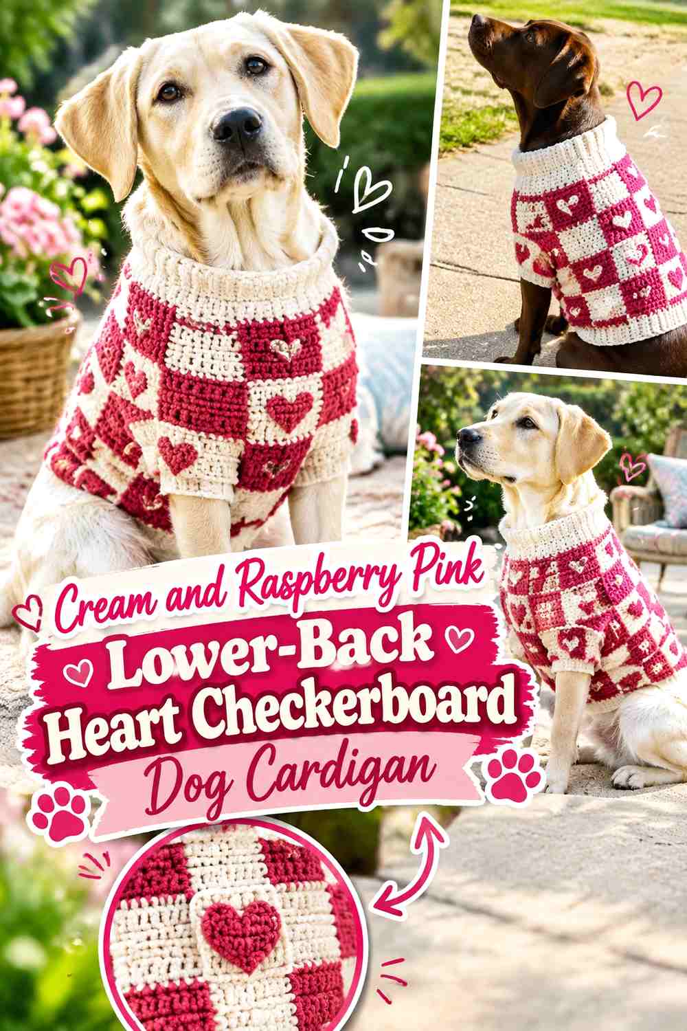 Cream and Raspberry Pink Lower-Back Heart Checkerboard Dog Cardigan