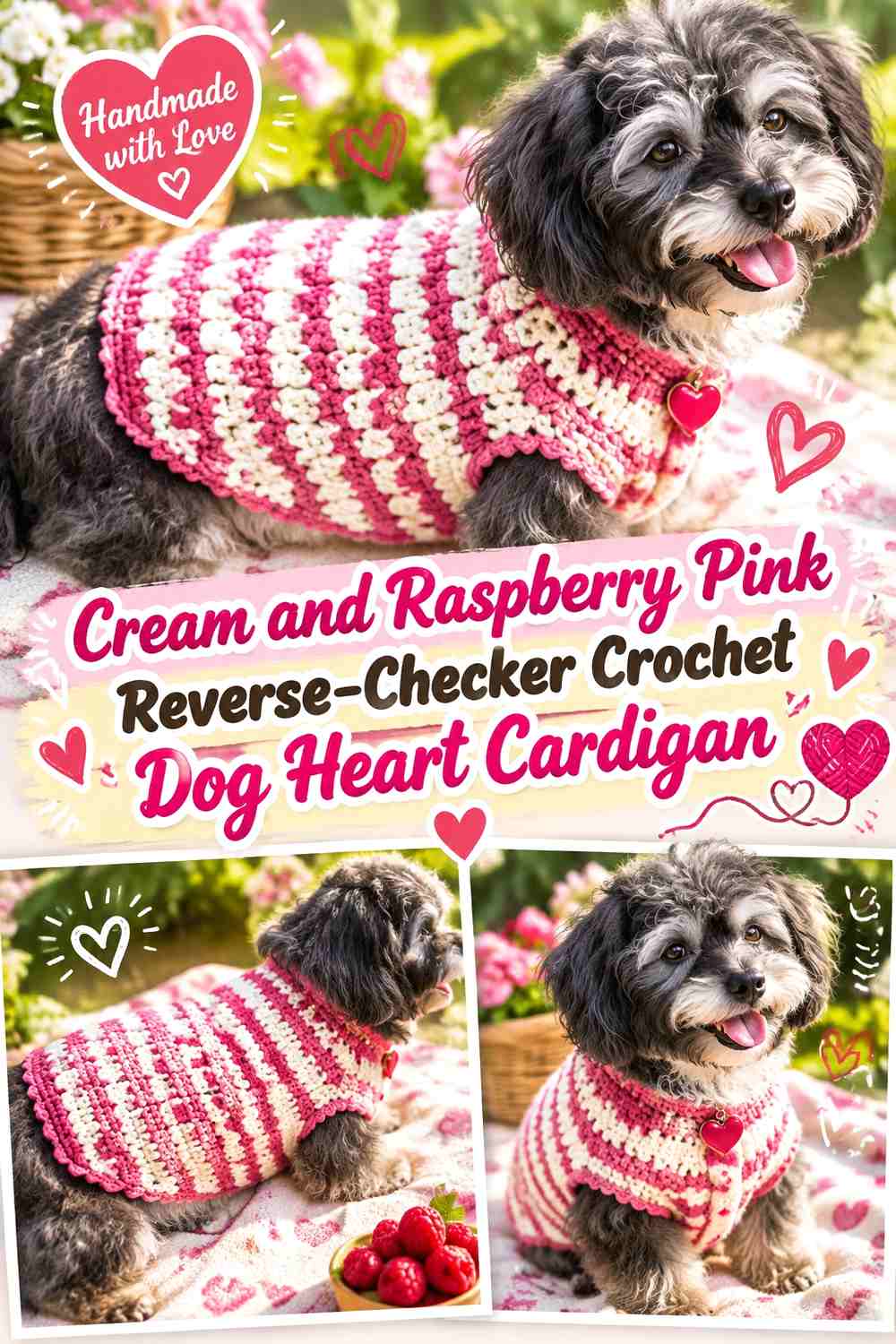 Cream and Raspberry Pink Reverse-Checker Crochet Dog Heart Cardigan