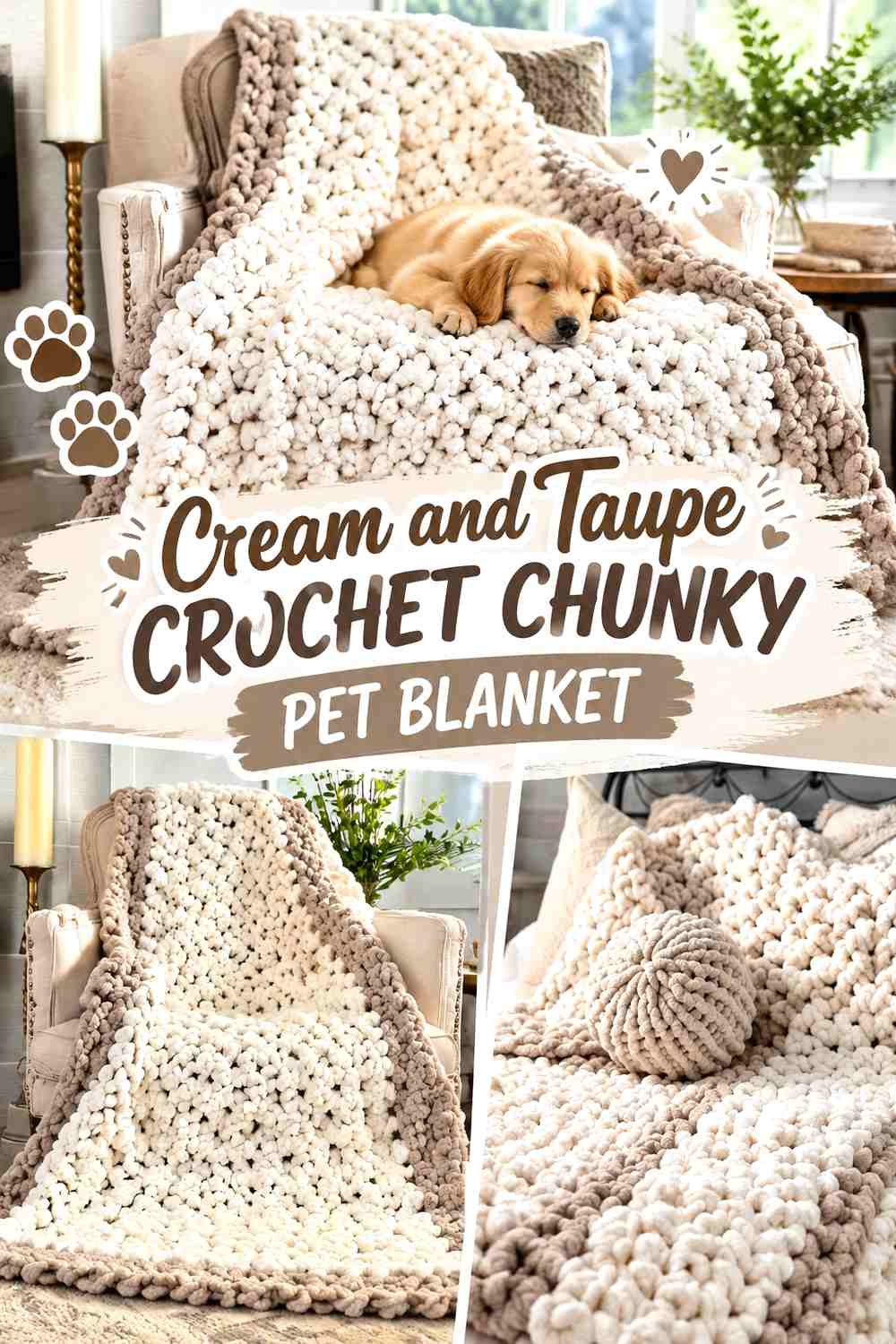 Cream and Taupe Crochet Chunky Pet Blanket