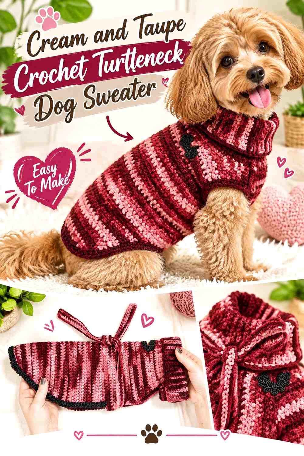 Cream and Taupe Crochet Turtleneck Dog Sweater
