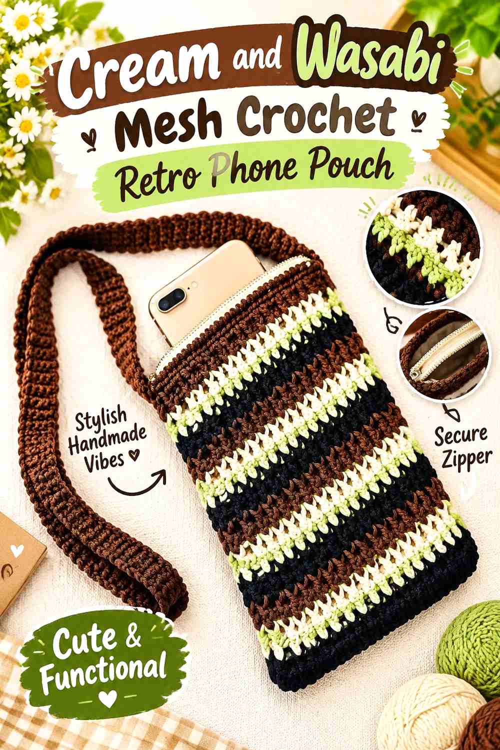 2. Cream And Wasabi Mesh Crochet Retro Phone Pouch