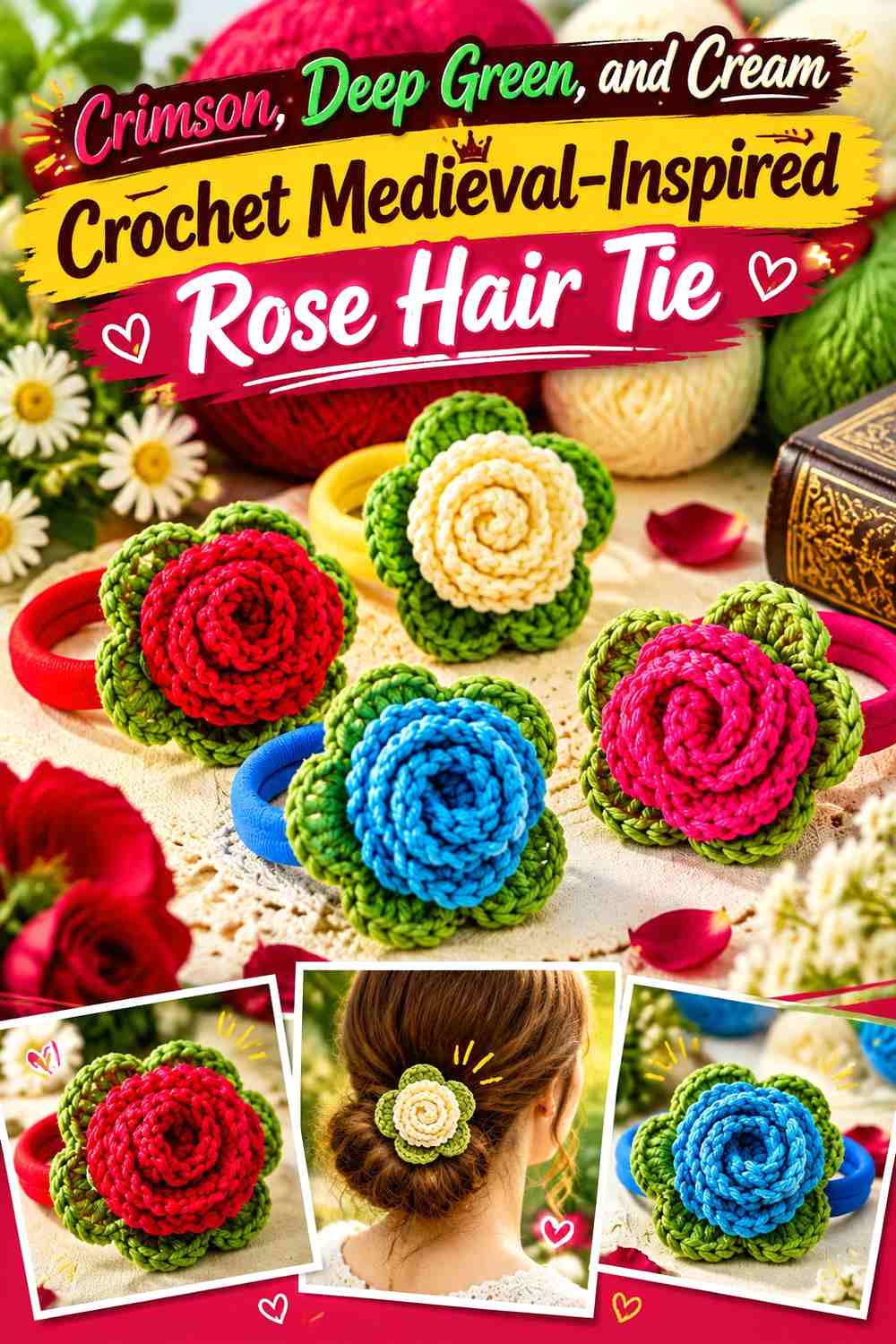 Crimson, Deep Green, and Cream Crochet Medieval-Inspired Rose Hair Tie