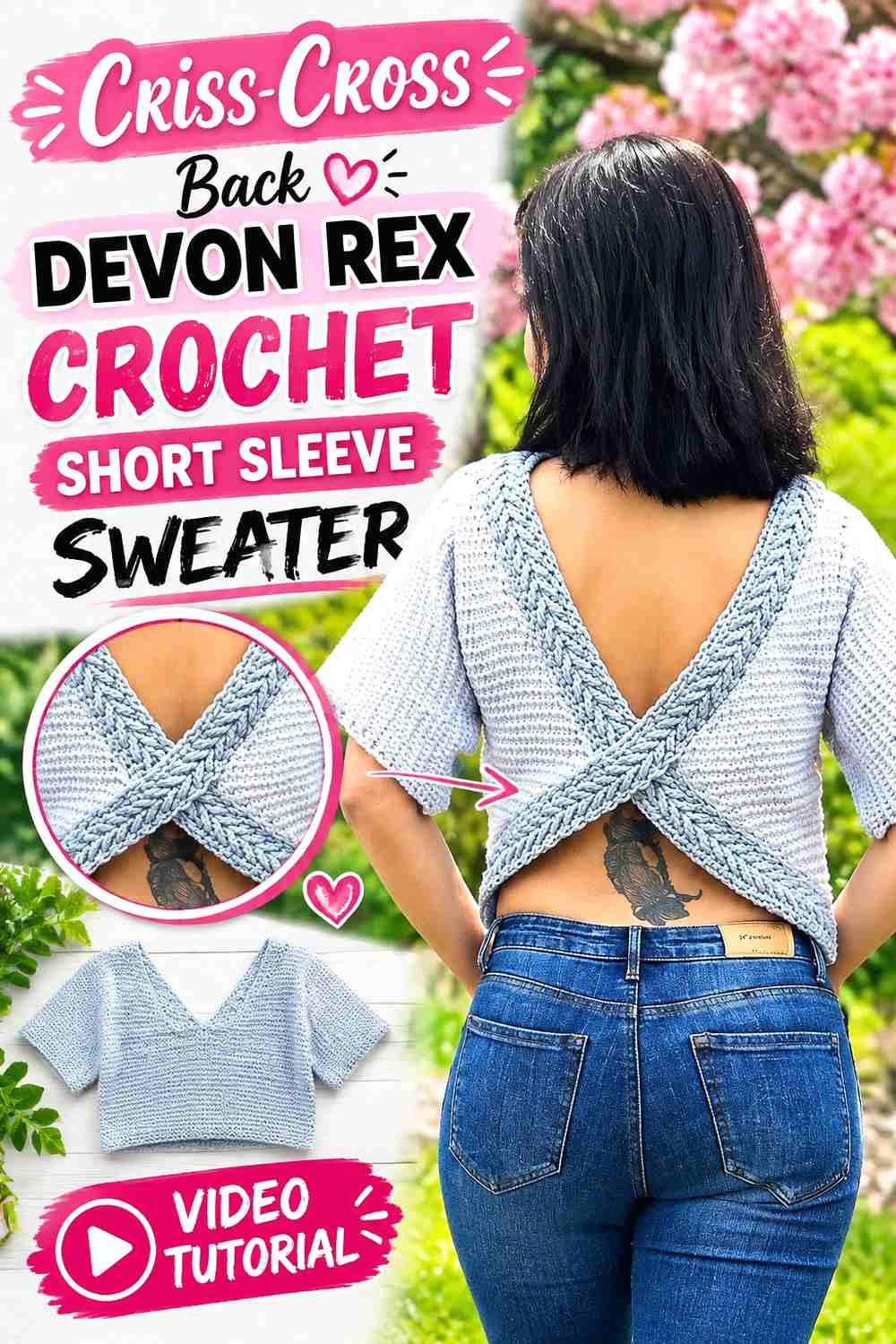Criss-Cross Back Devon Rex Crochet Short Sleeve Sweater