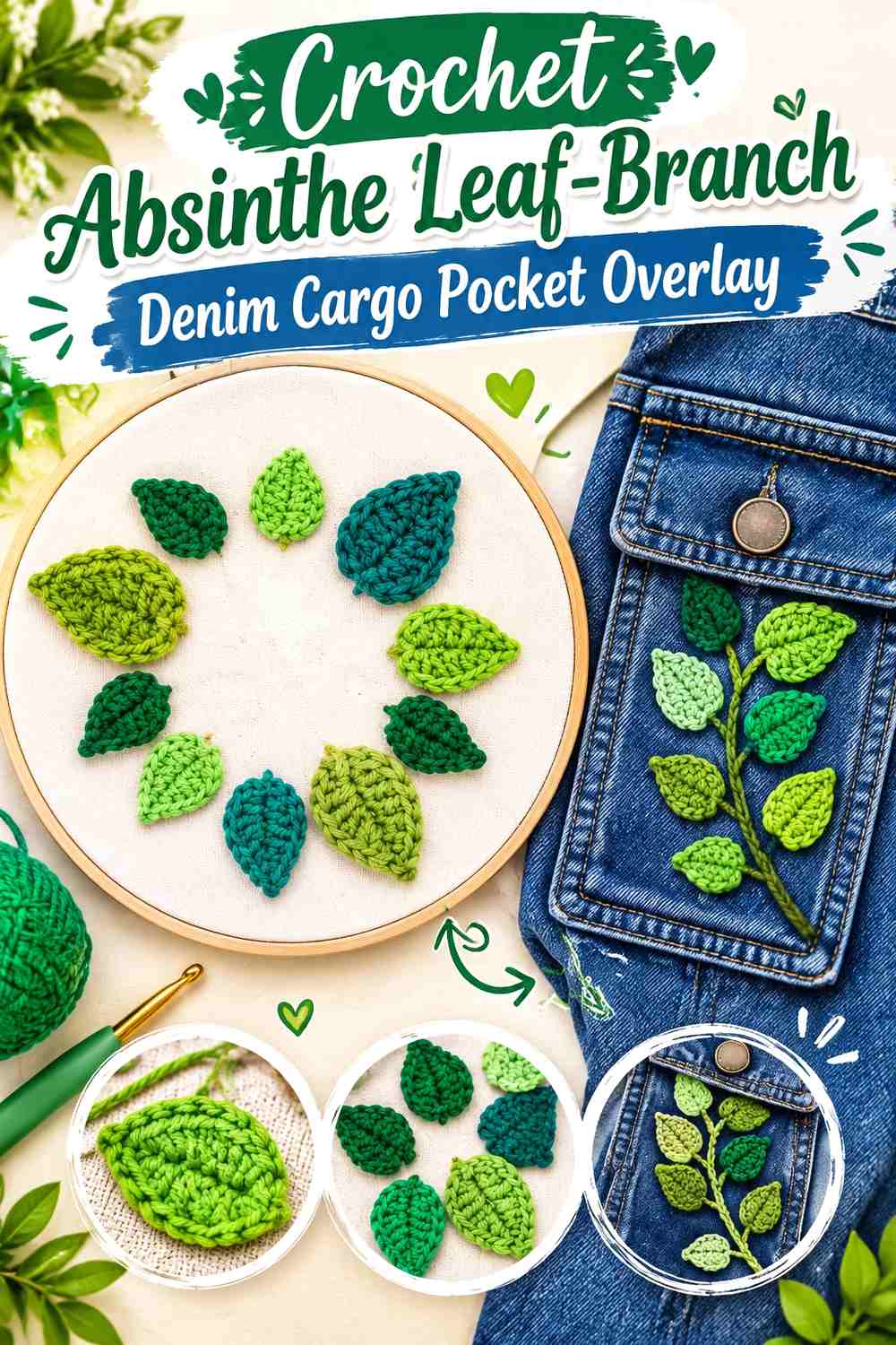 Crochet Absinthe Leaf-Branch Denim Cargo Pocket Overlay