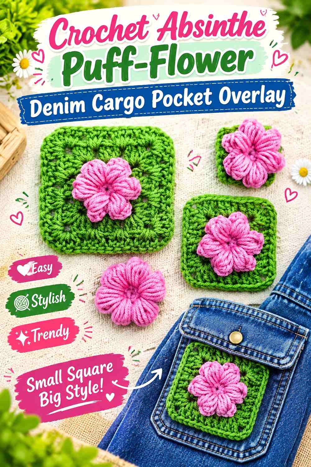Crochet Absinthe Puff-Flower Denim Cargo Pocket Overlay