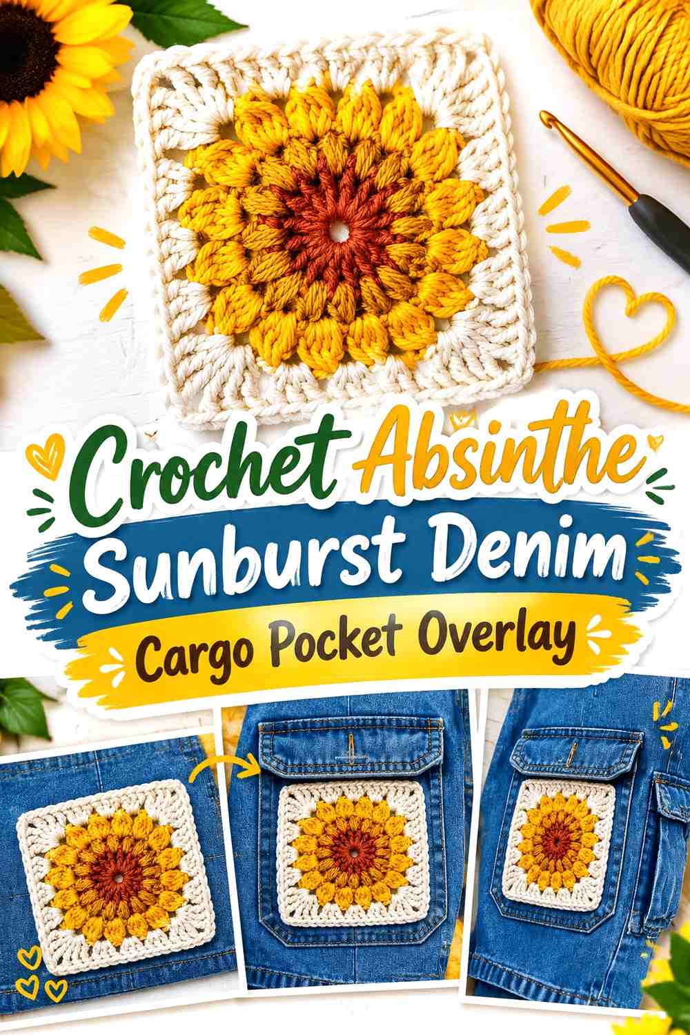 Crochet Absinthe Sunburst Denim Cargo Pocket Overlay