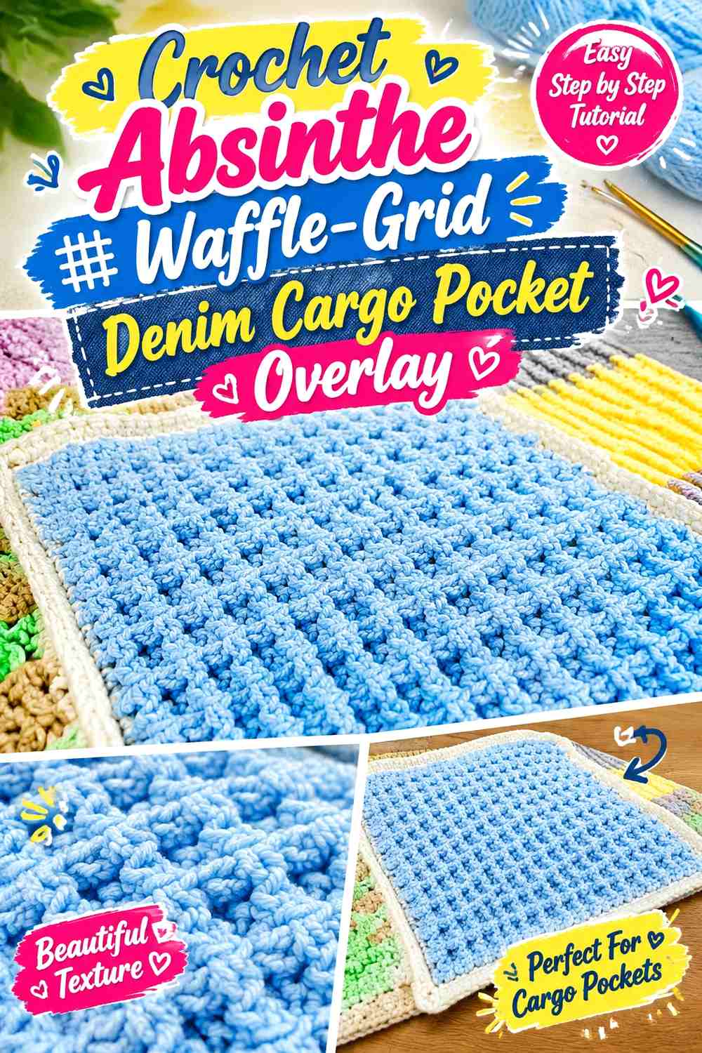 Crochet Absinthe Waffle-Grid Denim Cargo Pocket Overlay