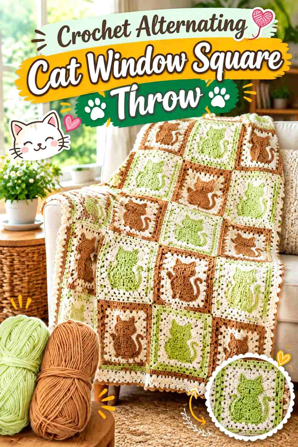 Crochet Alternating Cat Window Square Throw