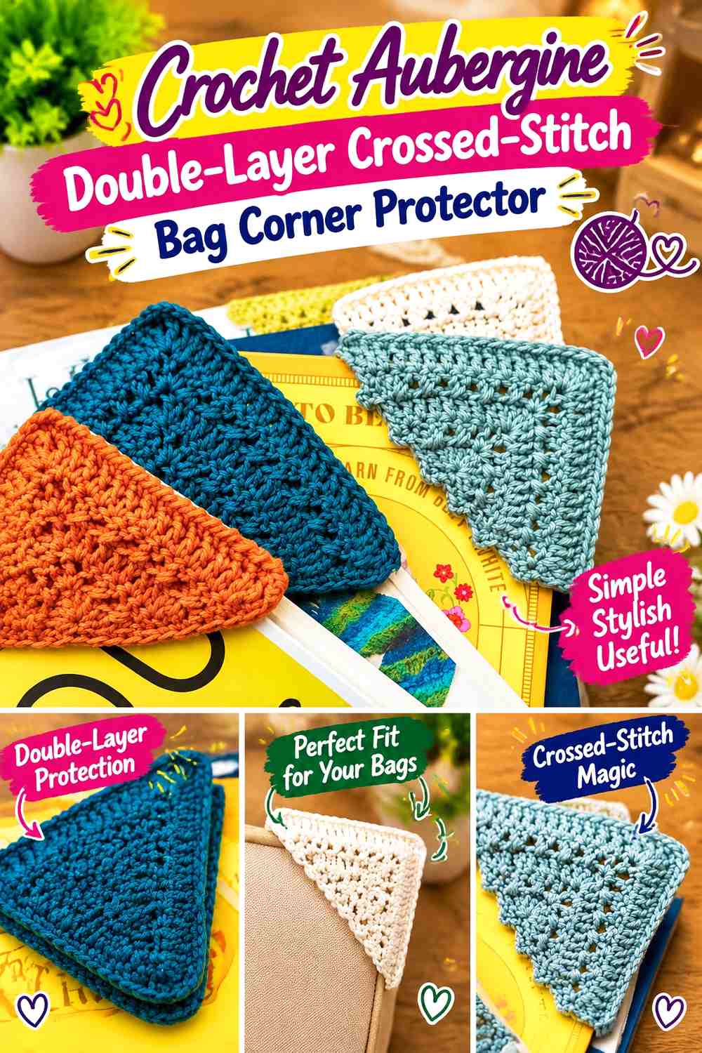 Crochet Aubergine Double-Layer Crossed-Stitch Bag Corner Protector