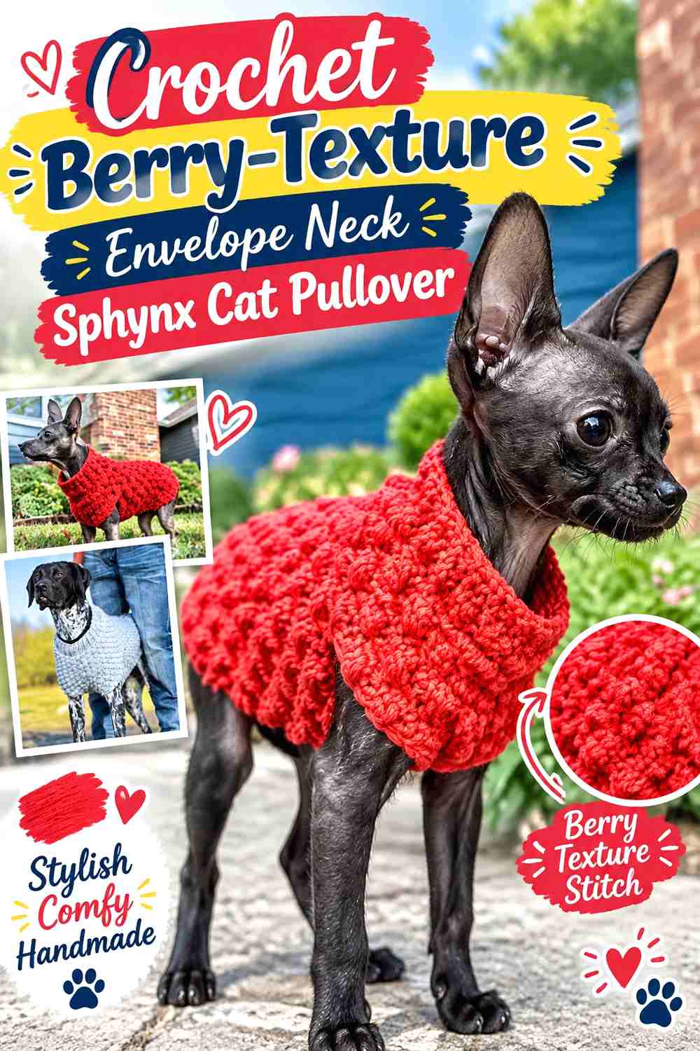 Crochet Berry-Texture Envelope Neck Sphynx Cat Pullover
