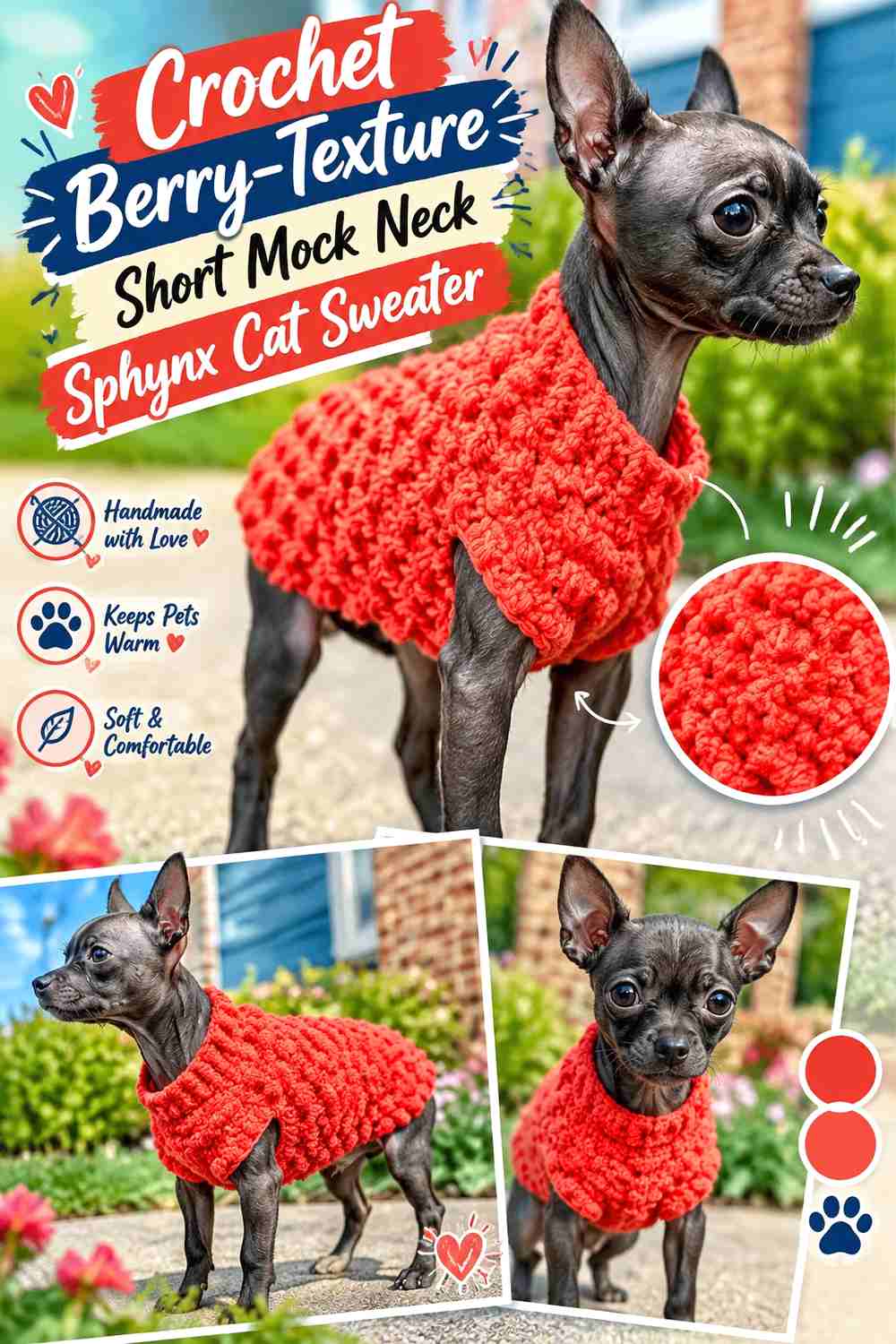 Crochet Berry-Texture Short Mock Neck Sphynx Cat Sweater