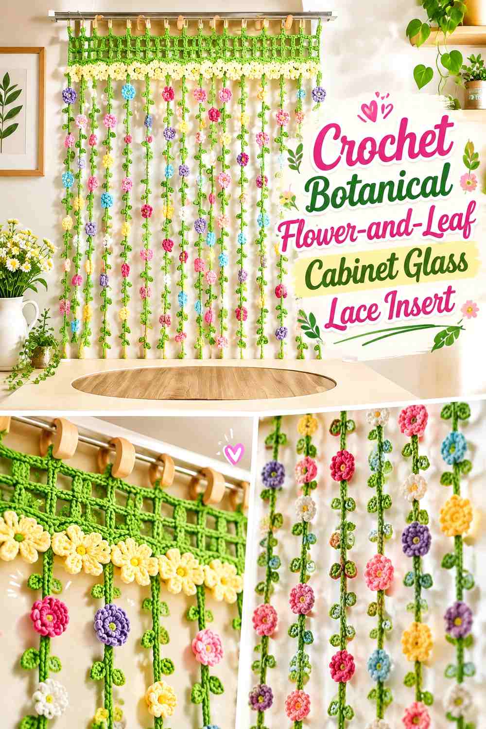 Crochet Botanical Flower-and-Leaf Cabinet Glass Lace Insert