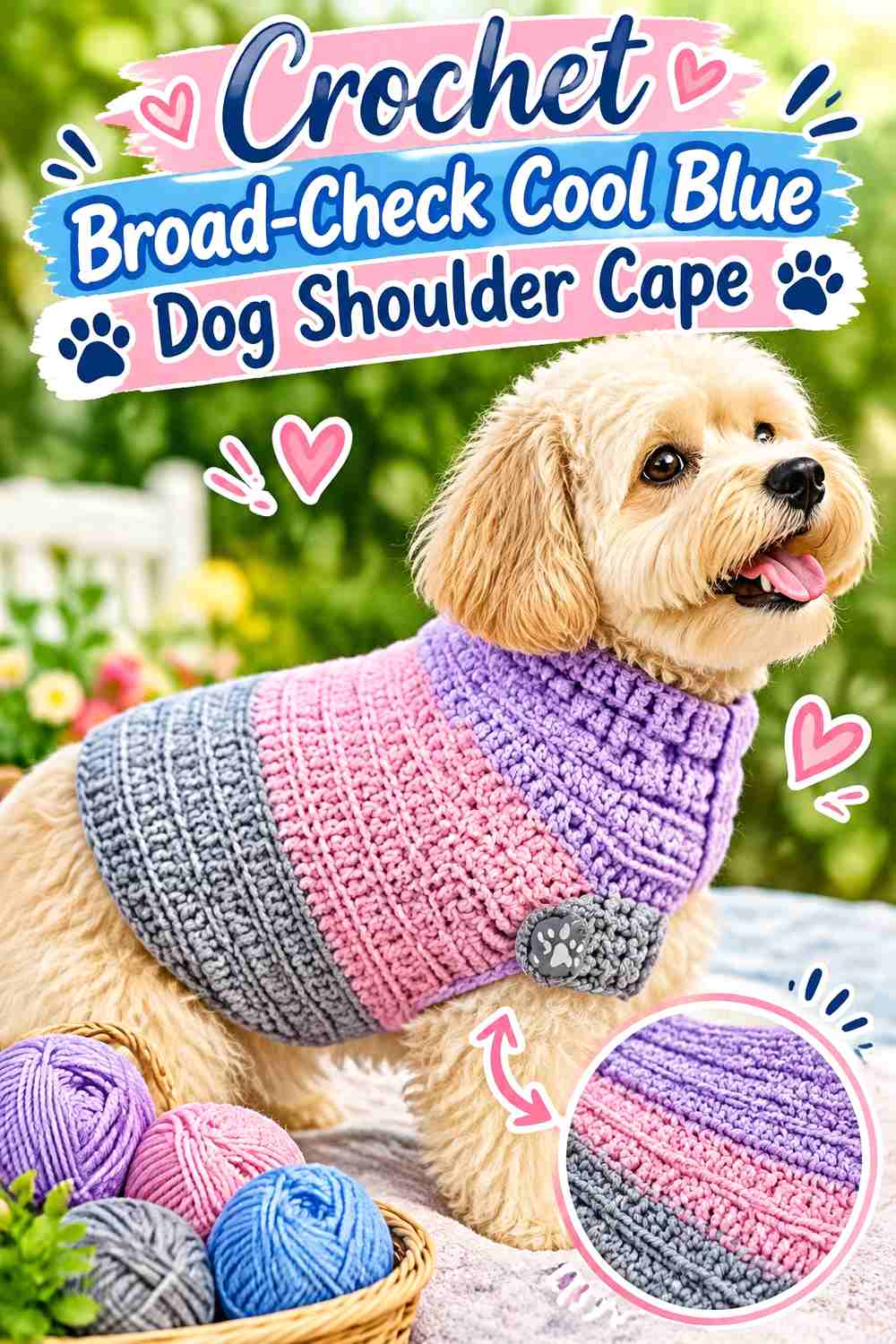 Crochet Broad-Check Cool Blue Dog Shoulder Cape