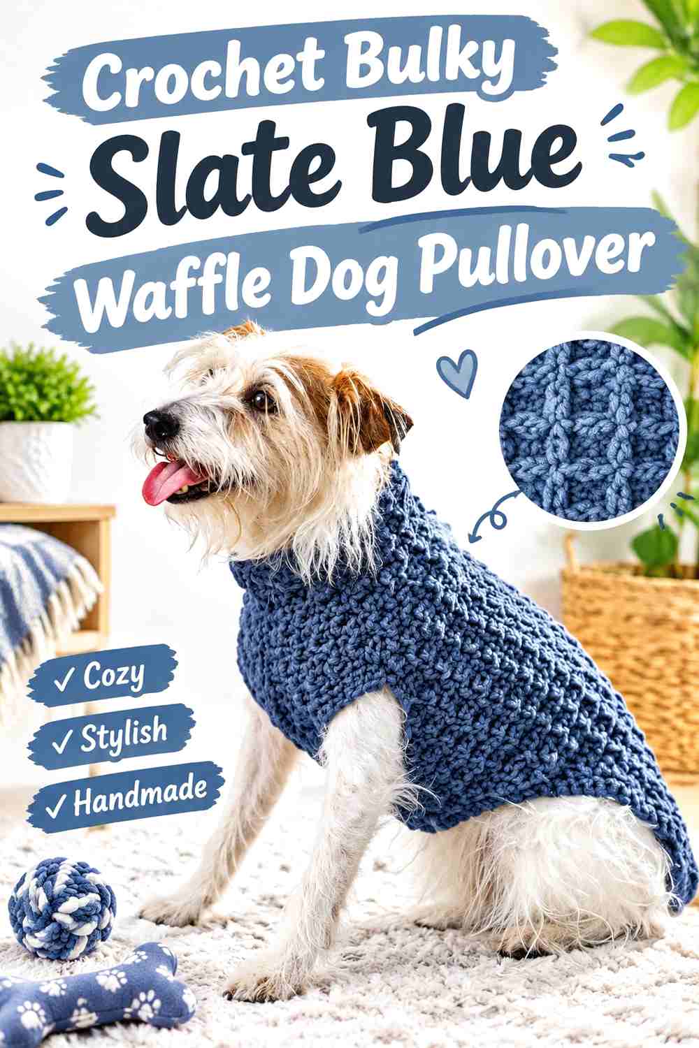 Crochet Bulky Slate Blue Waffle Dog Pullover