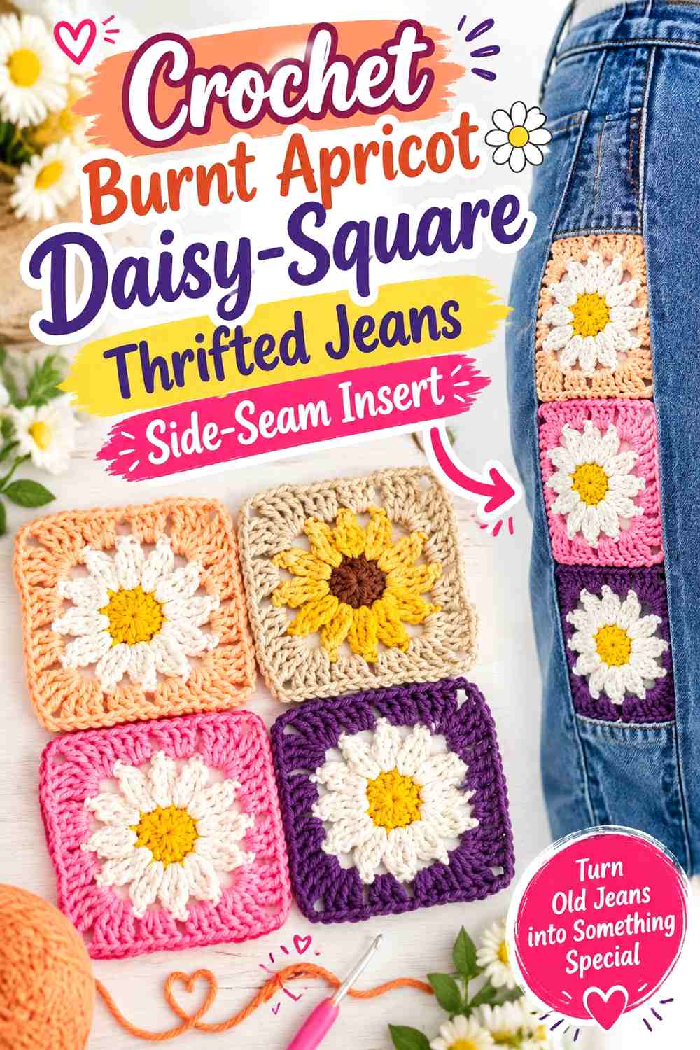 Crochet Burnt Apricot Daisy-Square Thrifted Jeans Side-Seam Insert