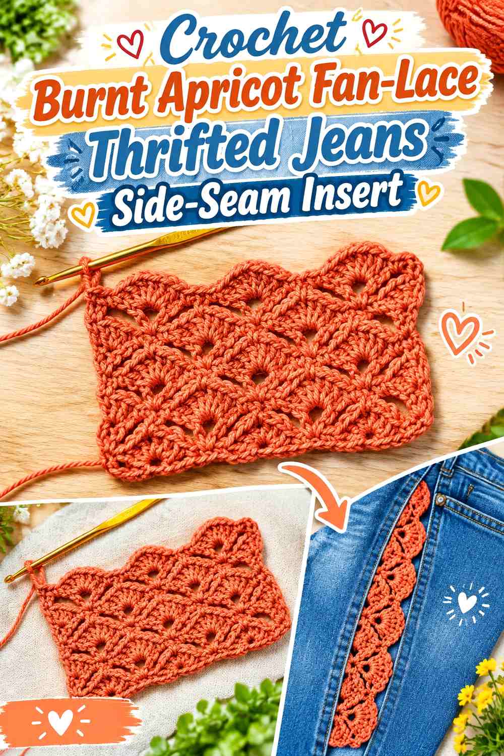 Crochet Burnt Apricot Fan-Lace Thrifted Jeans Side-Seam Insert