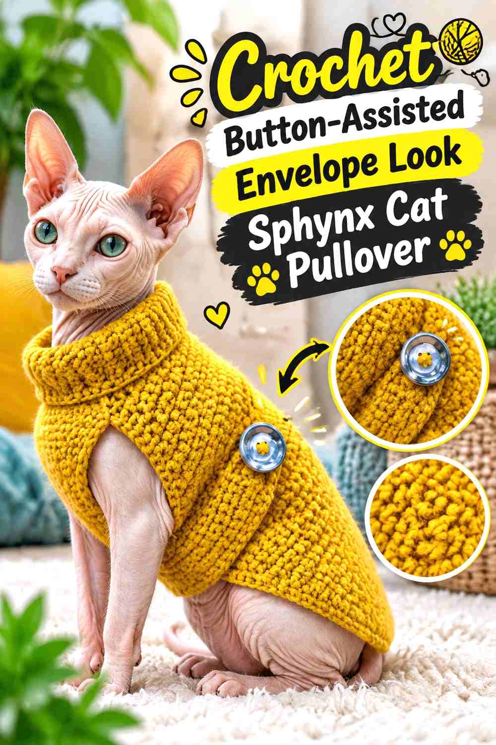 Crochet Button-Assisted Envelope Look Sphynx Cat Pullover
