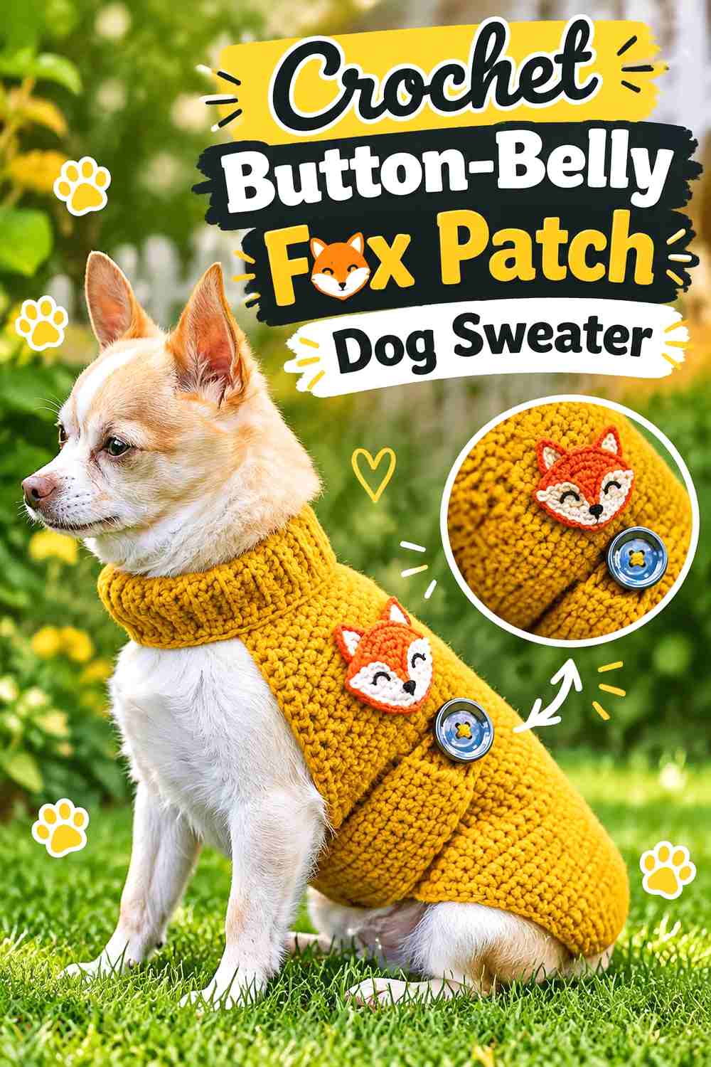 Crochet Button-Belly Fox Patch Dog Sweater