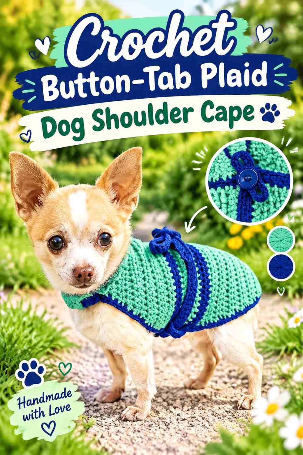 Crochet Button-Tab Plaid Dog Shoulder Cape