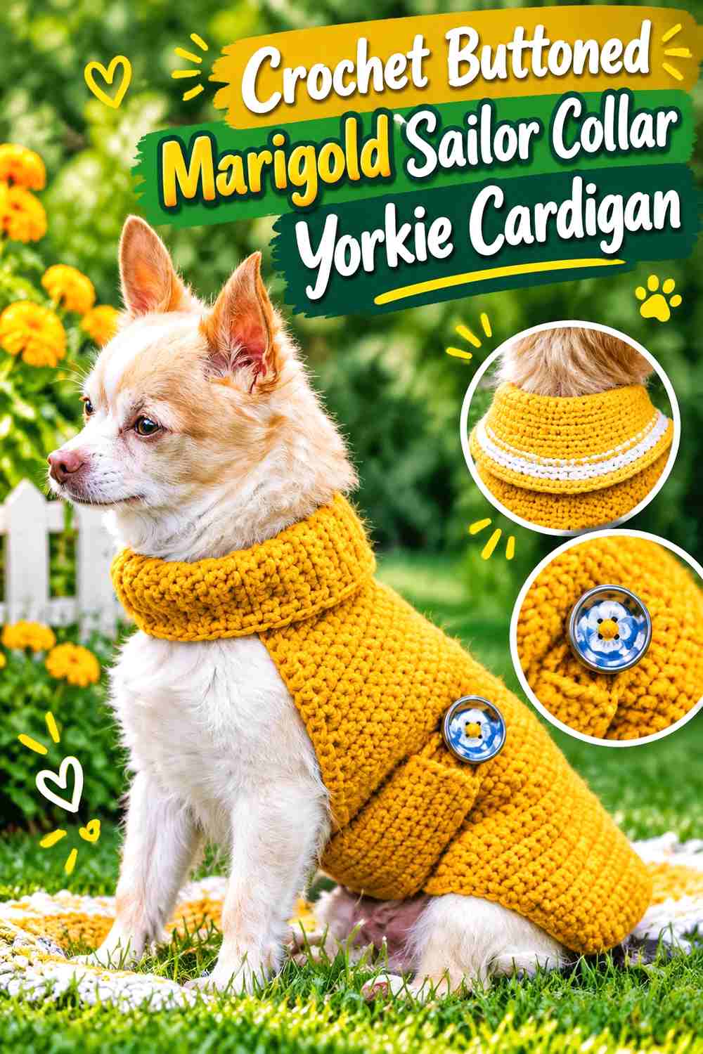 Crochet Buttoned Marigold Sailor Collar Yorkie Cardigan