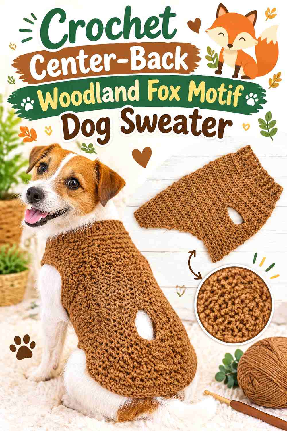 Crochet Center-Back Woodland Fox Motif Dog Sweater