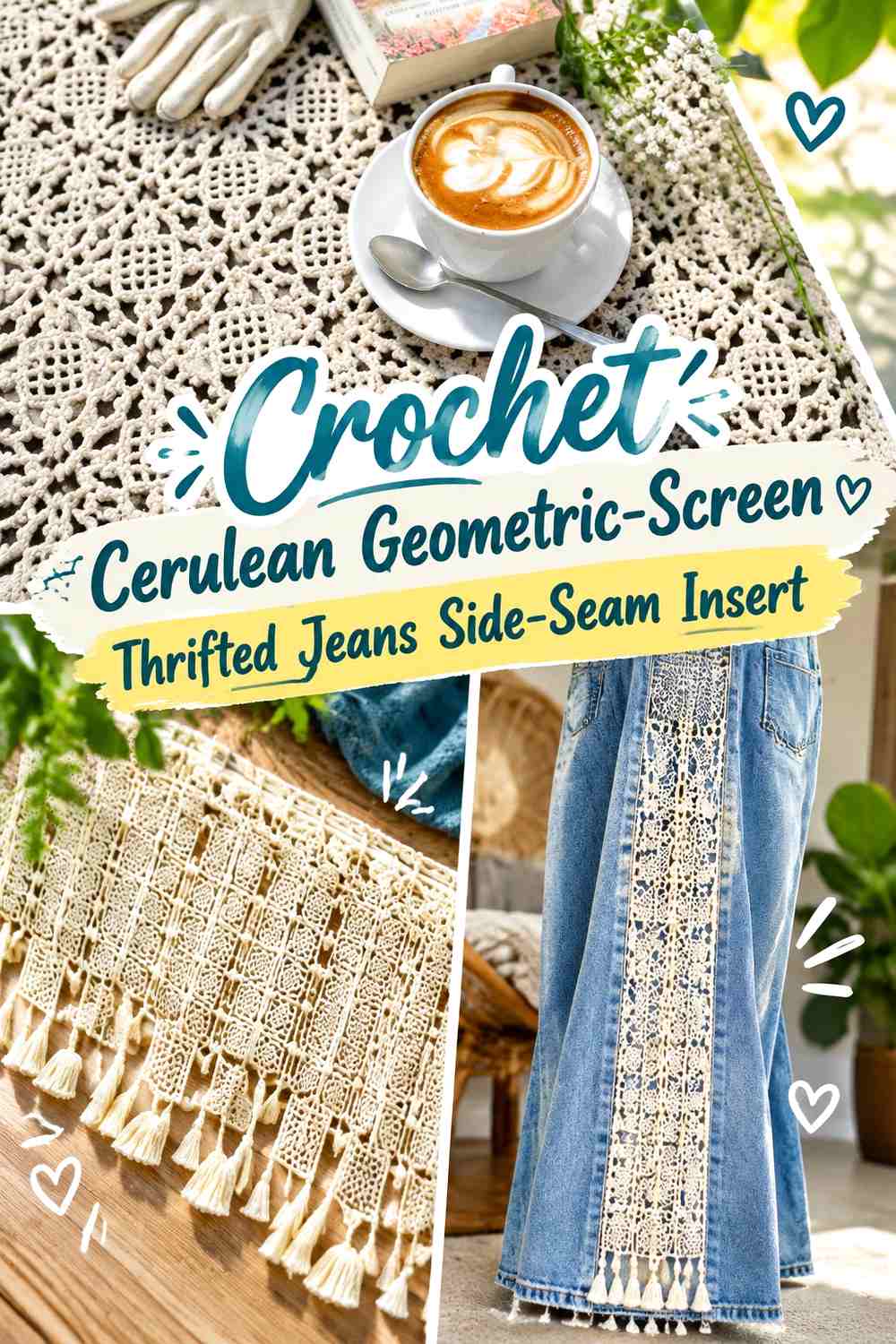 Crochet Cerulean Geometric-Screen Thrifted Jeans Side-Seam Insert