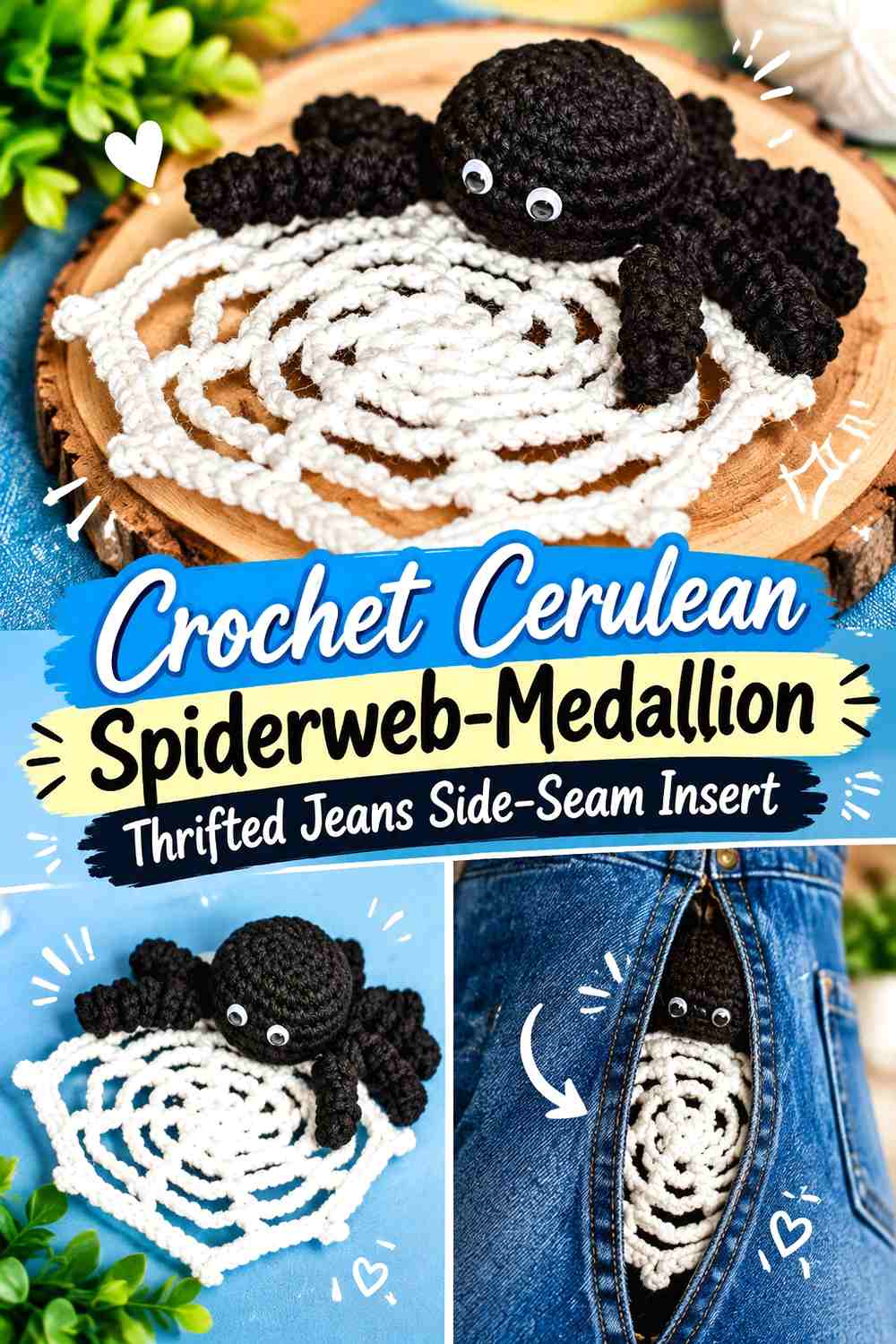 Crochet Cerulean Spiderweb-Medallion Thrifted Jeans Side-Seam Insert