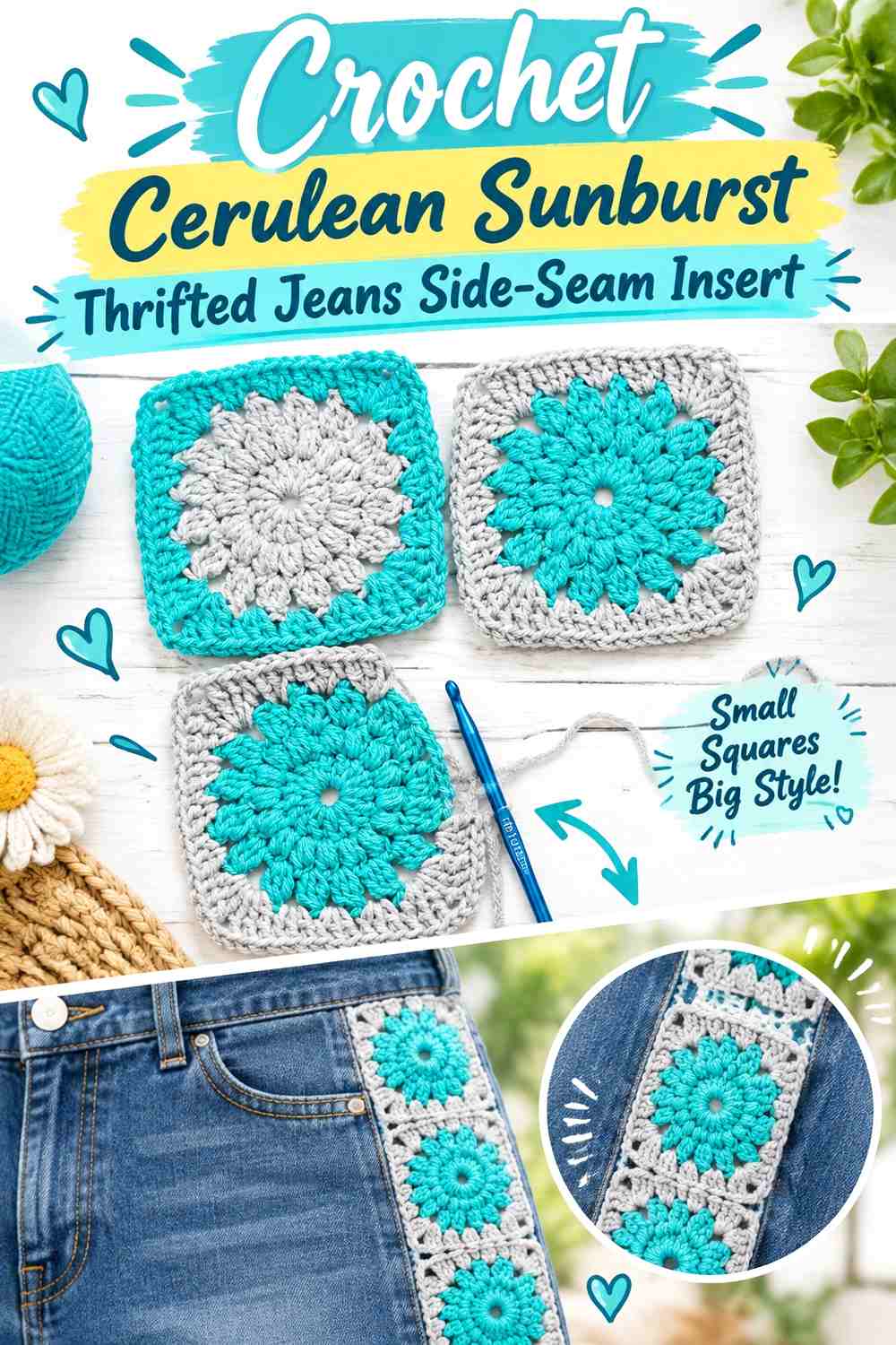 Crochet Cerulean Sunburst Thrifted Jeans Side-Seam Insert