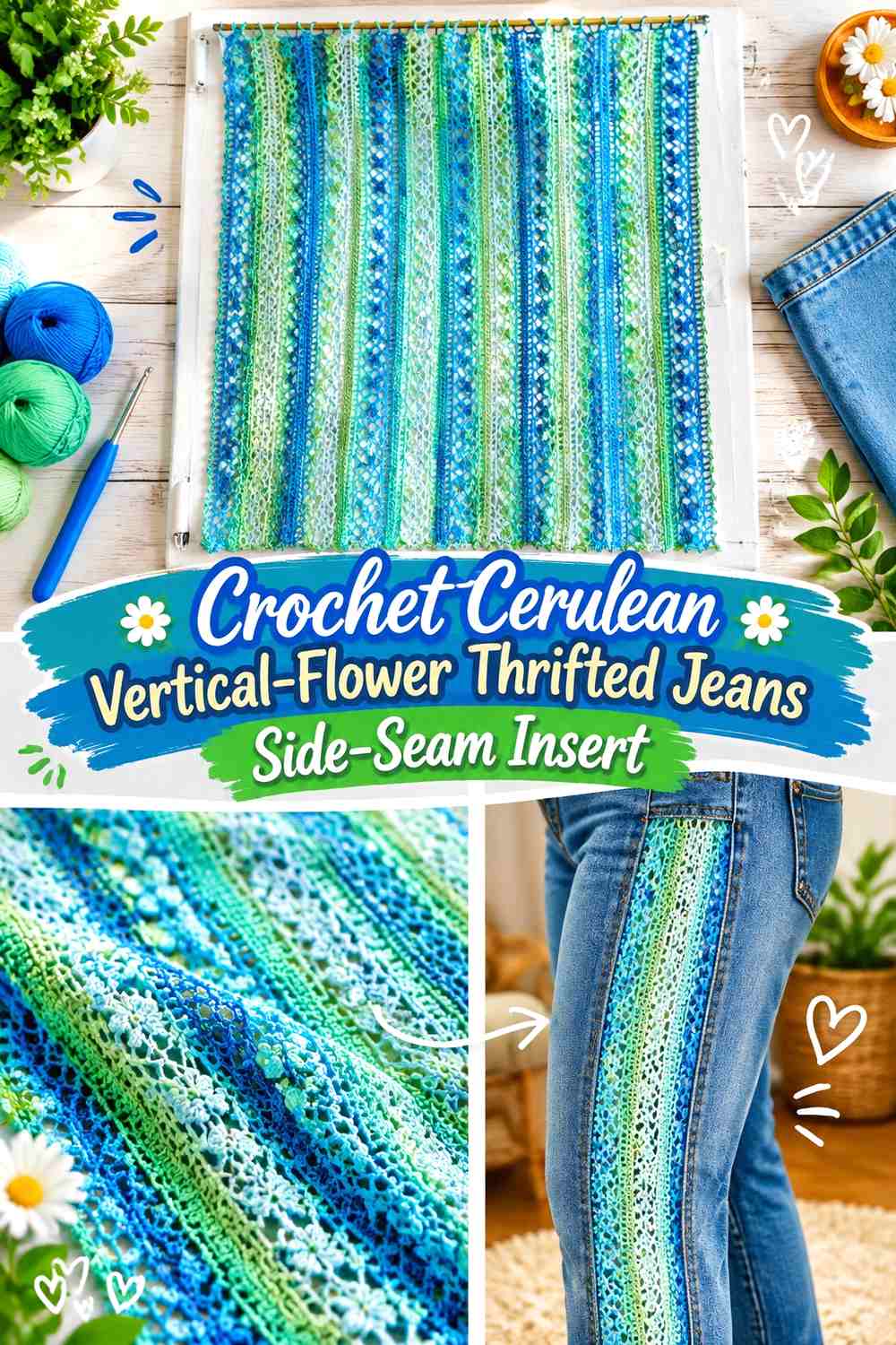 Crochet Cerulean Vertical-Flower Thrifted Jeans Side-Seam Insert