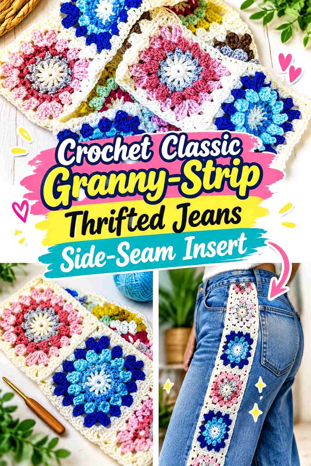Crochet Classic Granny-Strip Thrifted Jeans Side-Seam Insert