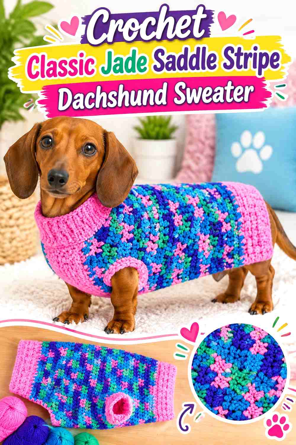 Crochet Classic Jade Saddle Stripe Dachshund Sweater