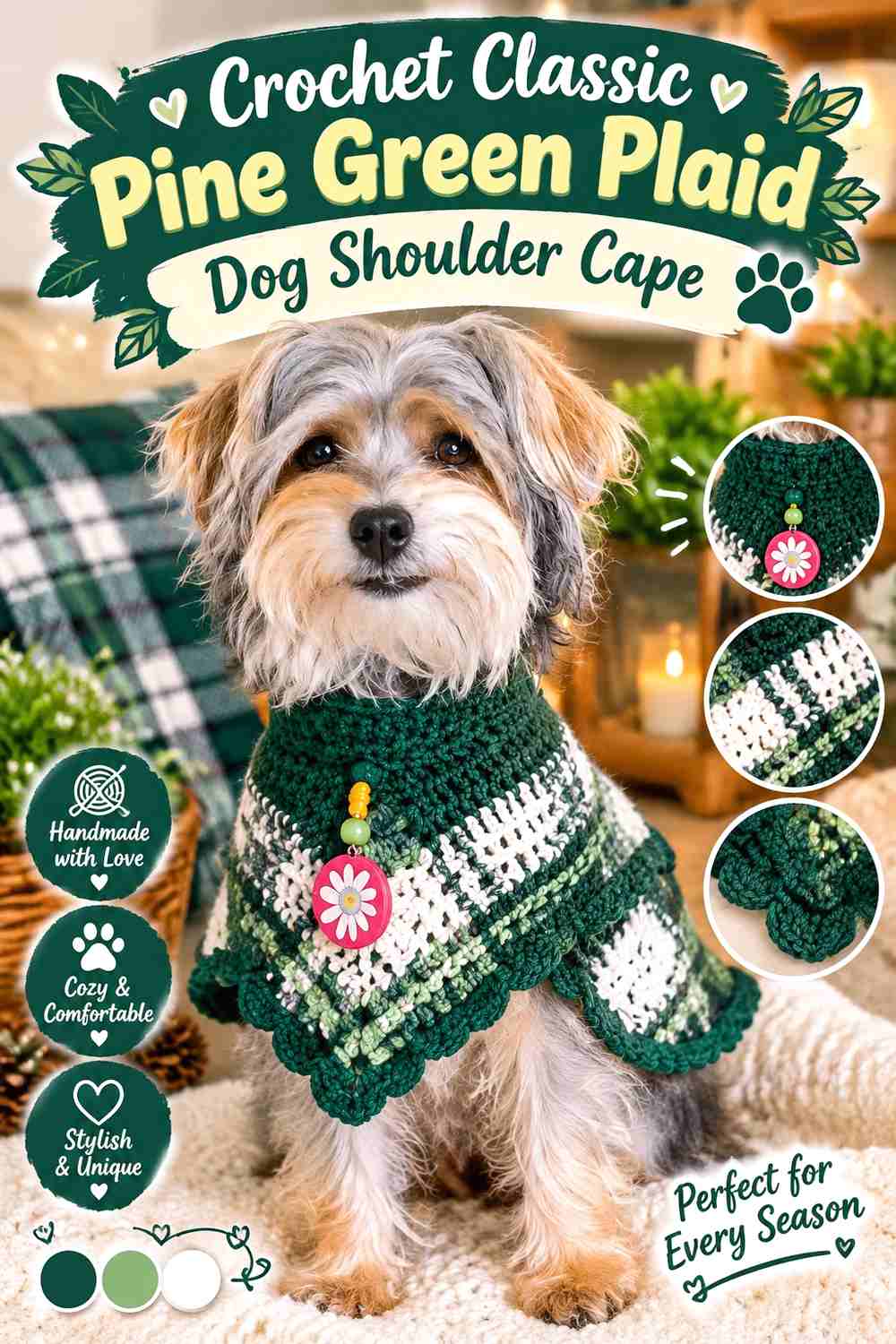 Crochet Classic Pine Green Plaid Dog Shoulder Cape