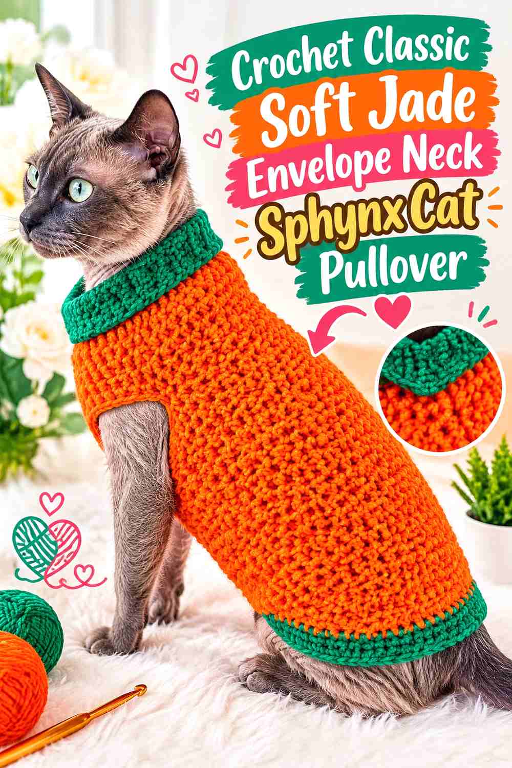 Crochet Classic Soft Jade Envelope Neck Sphynx Cat Pullover