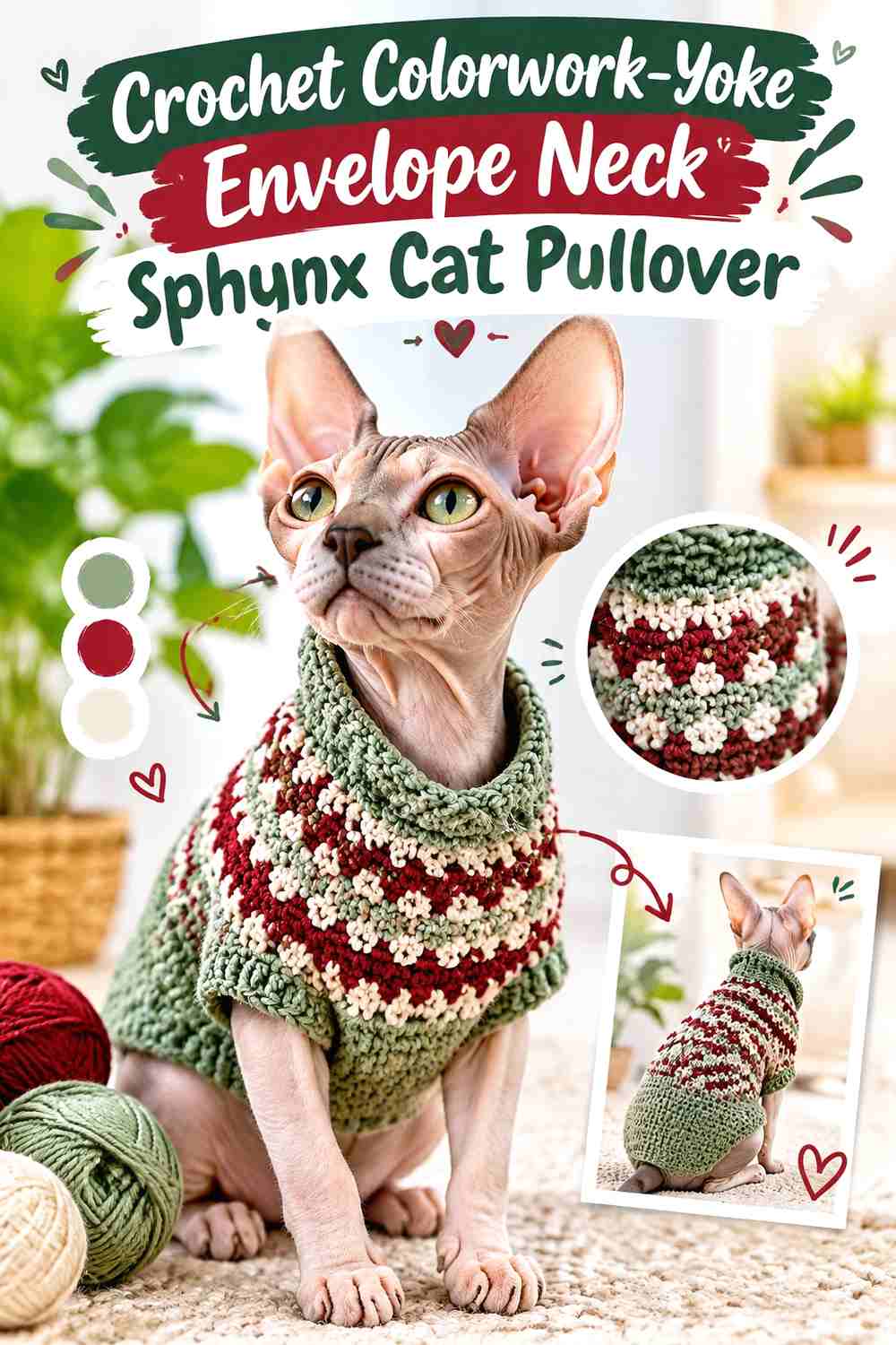 Crochet Colorwork-Yoke Envelope Neck Sphynx Cat Pullover