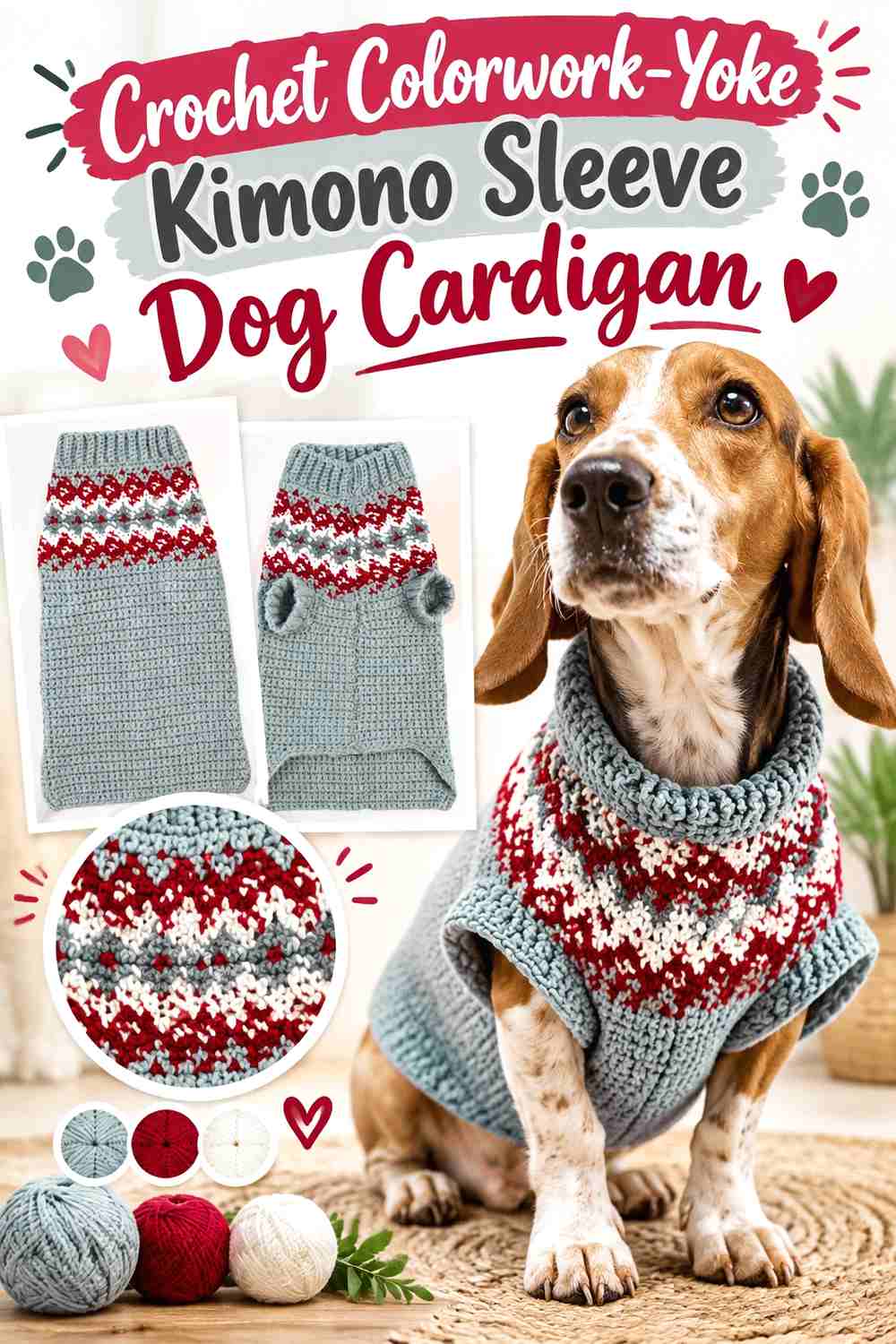 Crochet Colorwork-Yoke Kimono Sleeve Dog Cardigan